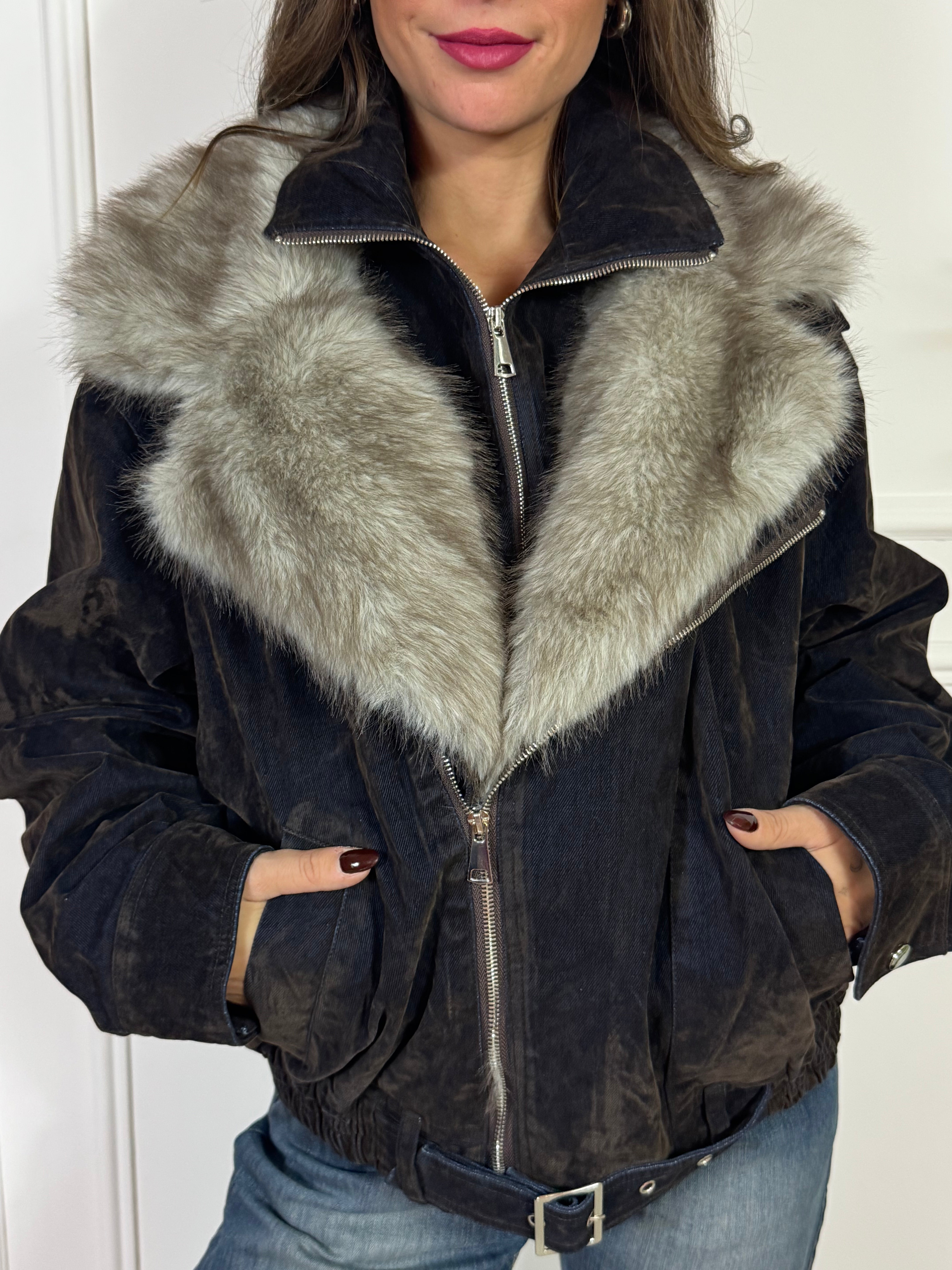 Giacca bomber sovrattinta Susy Mix con inserti ecopelliccia