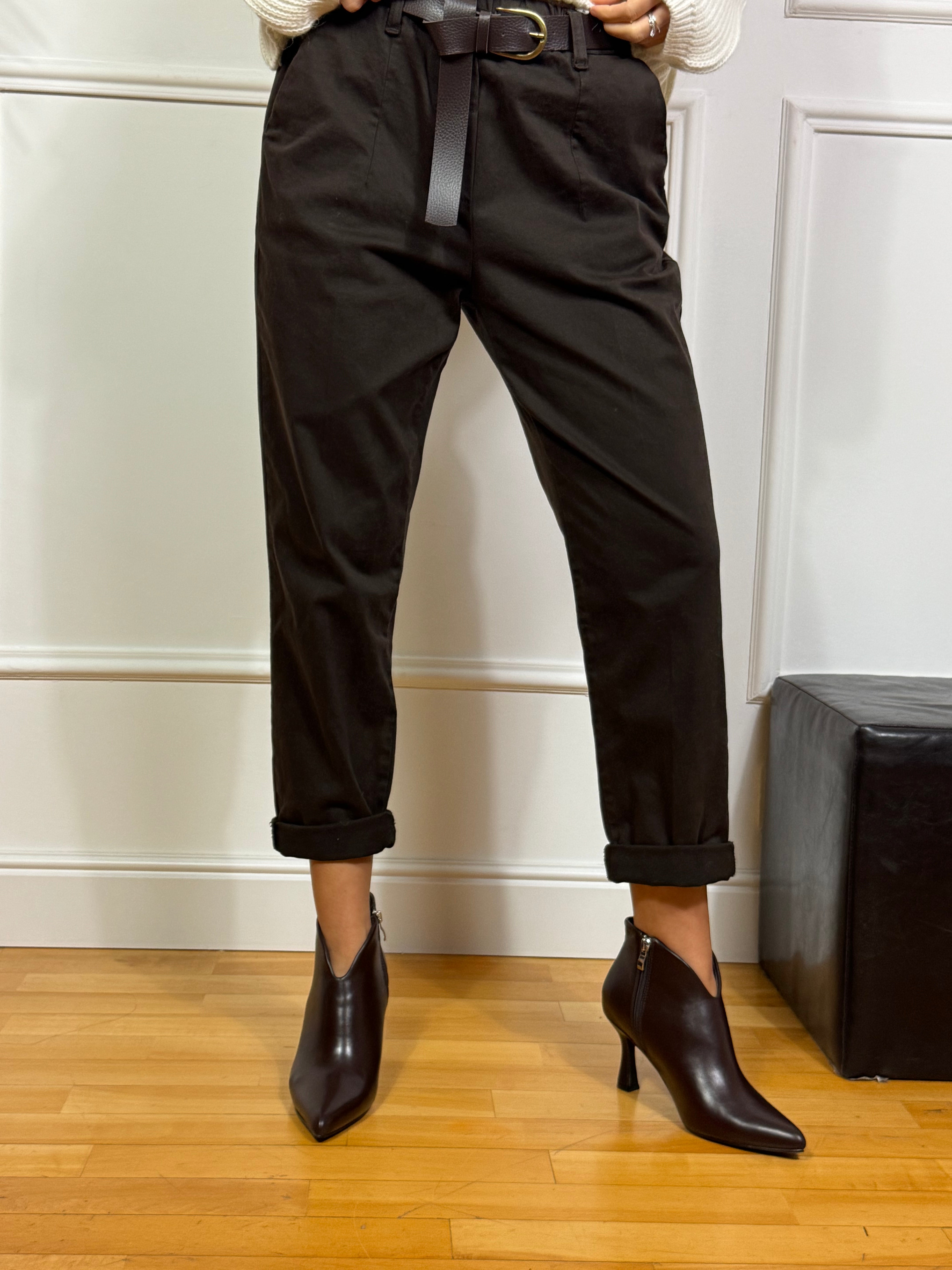 Pantalone in COTONE SOSTENUTO Susy Mix con BOTTONE E CERNIERA - CINTURA MARRONE