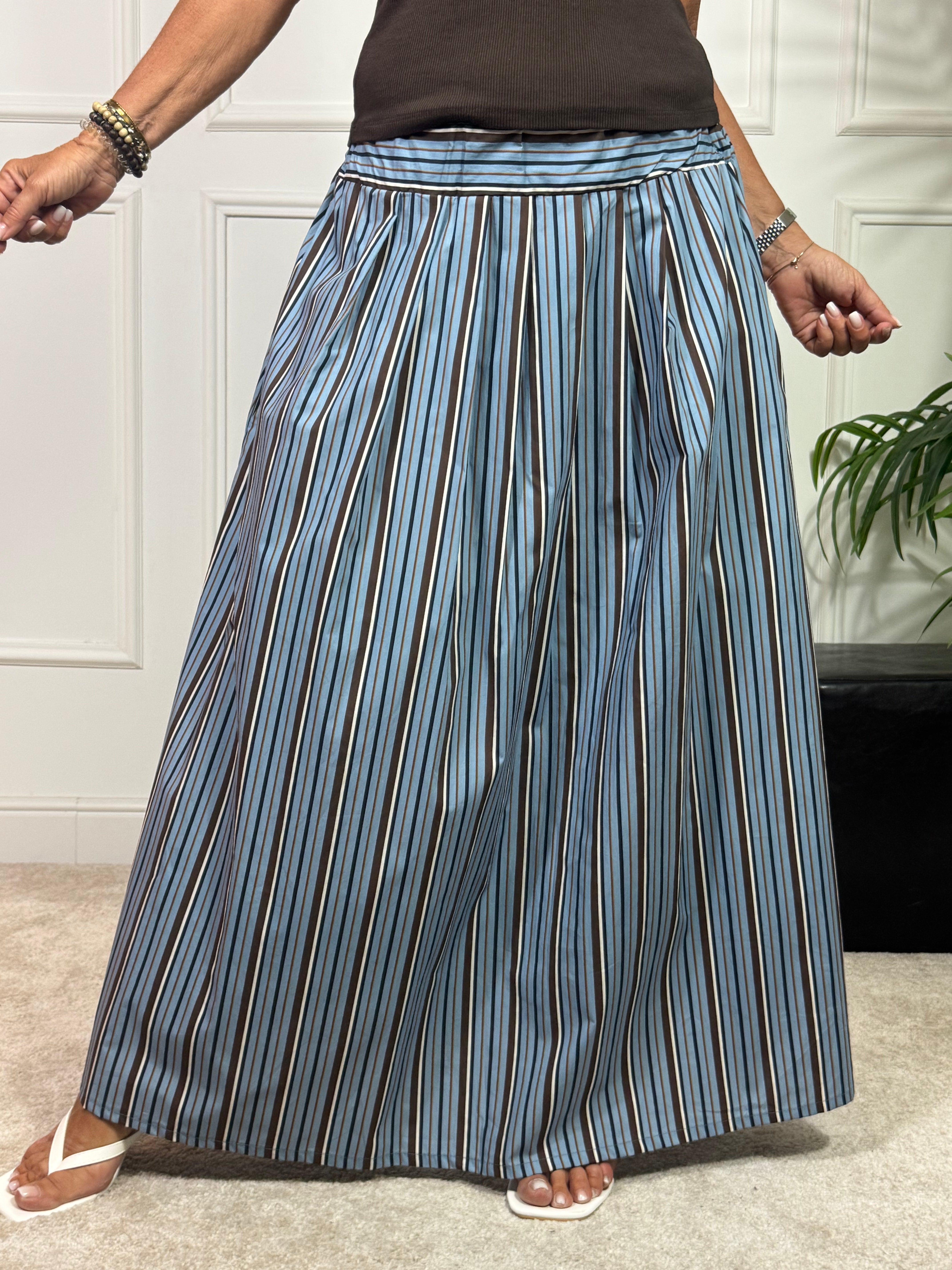 Gonna in cotone Victoria ILMH fantasia righe azzurro-marrone