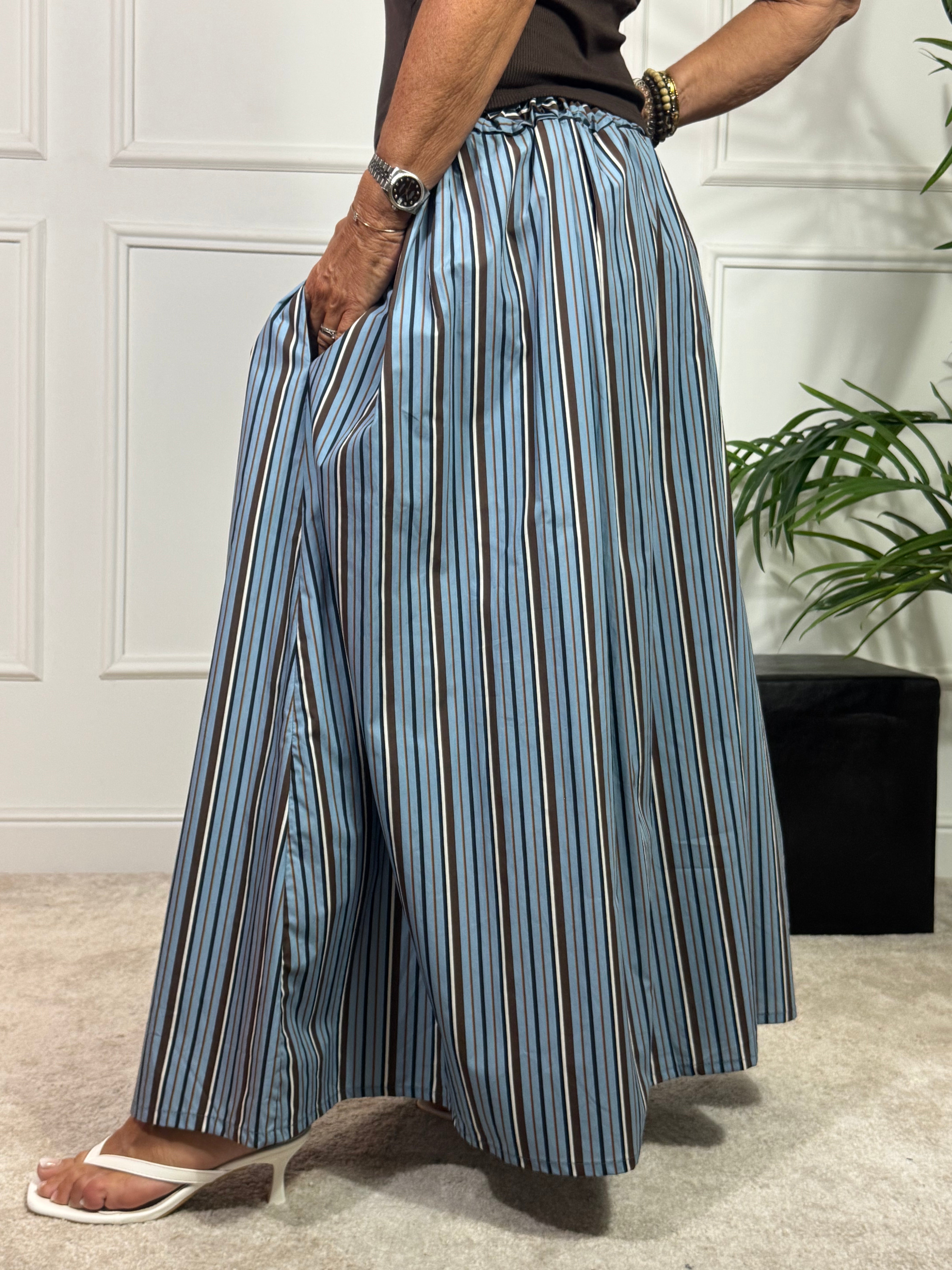 Gonna in cotone Victoria ILMH fantasia righe azzurro-marrone