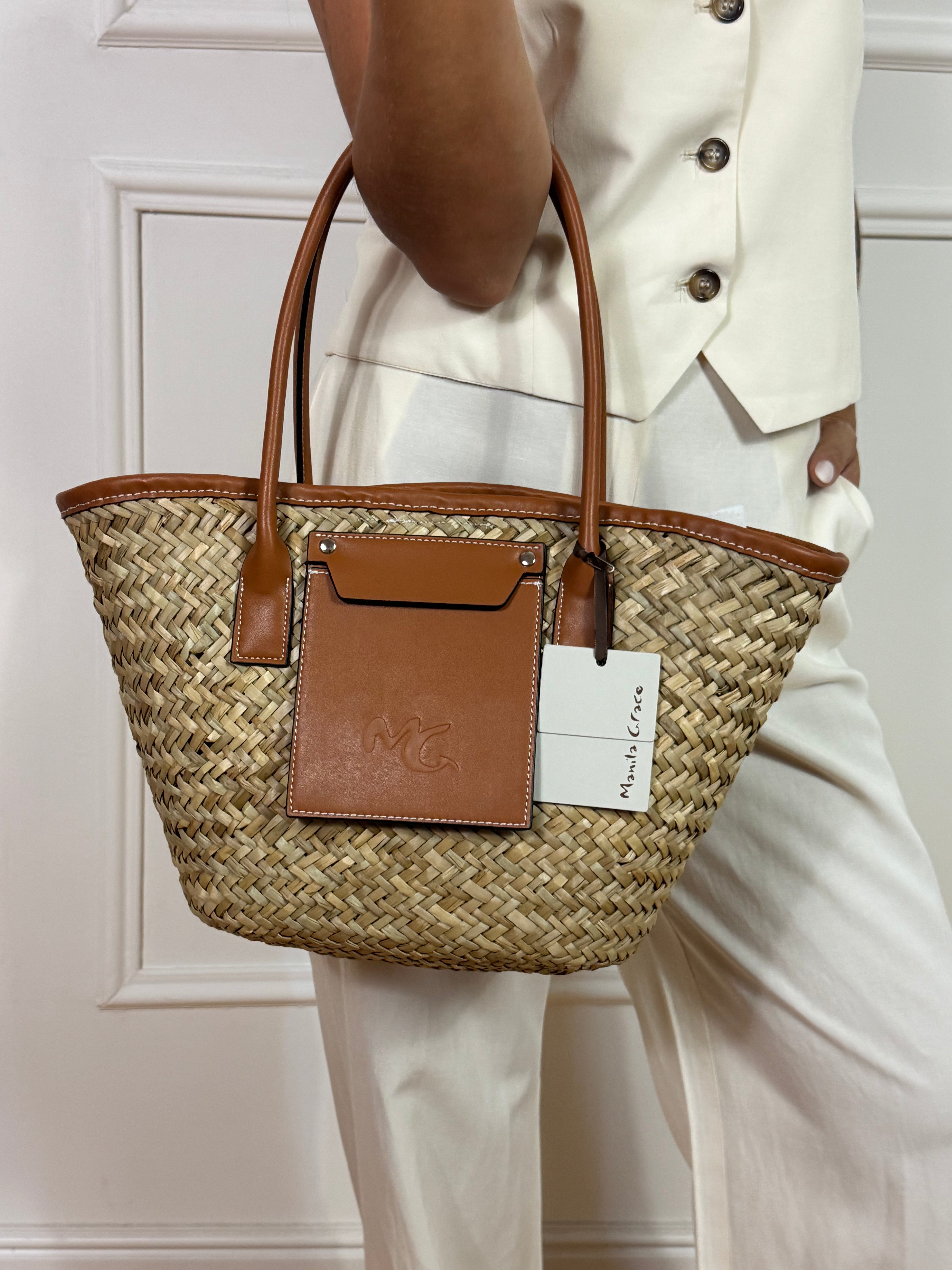 Borsa Manila Grace CESTA PAGLIA con dettagli in ecopelle