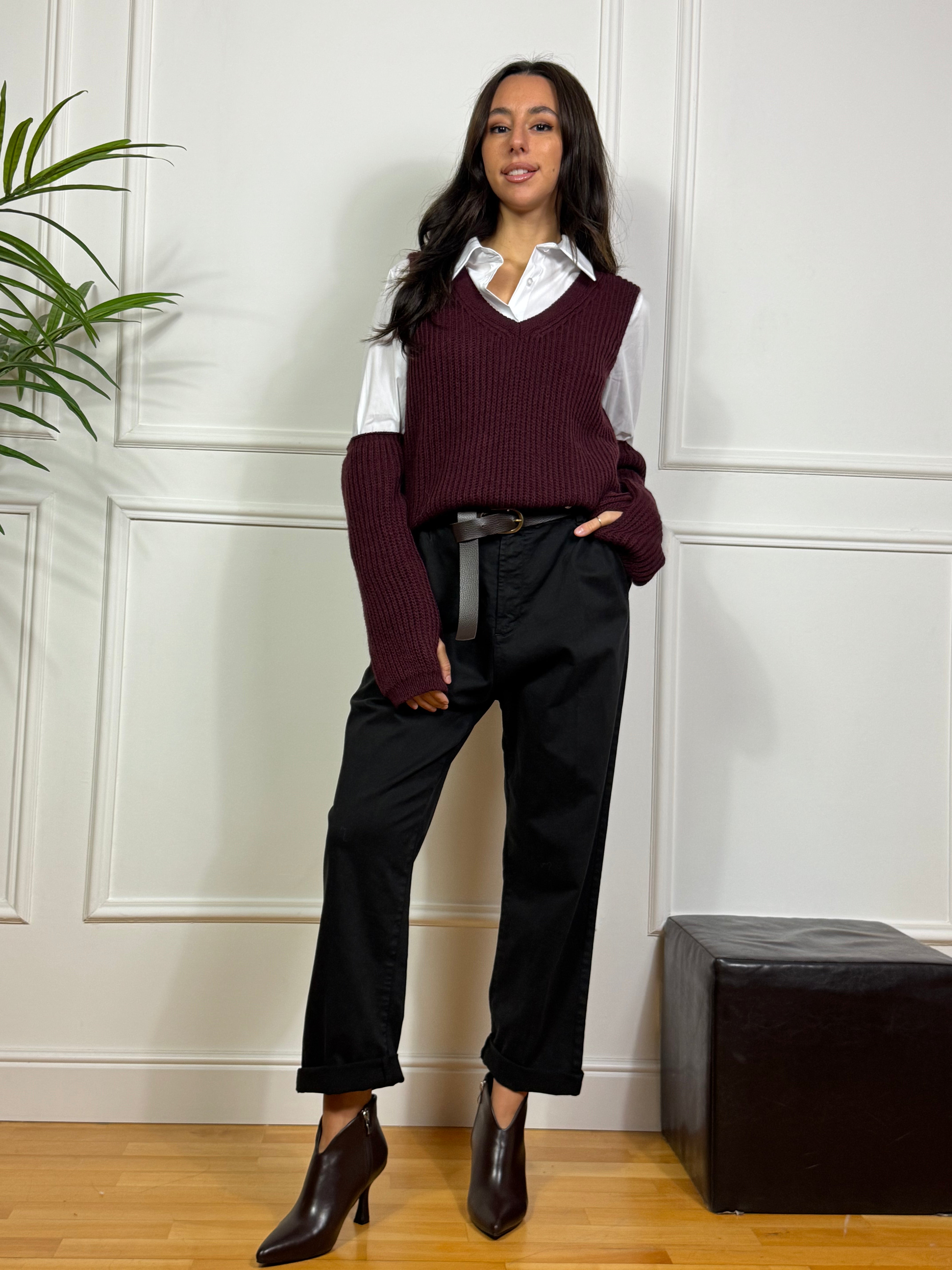 Pantalone in COTONE SOSTENUTO Susy Mix con BOTTONE E CERNIERA - CINTURA MARRONE