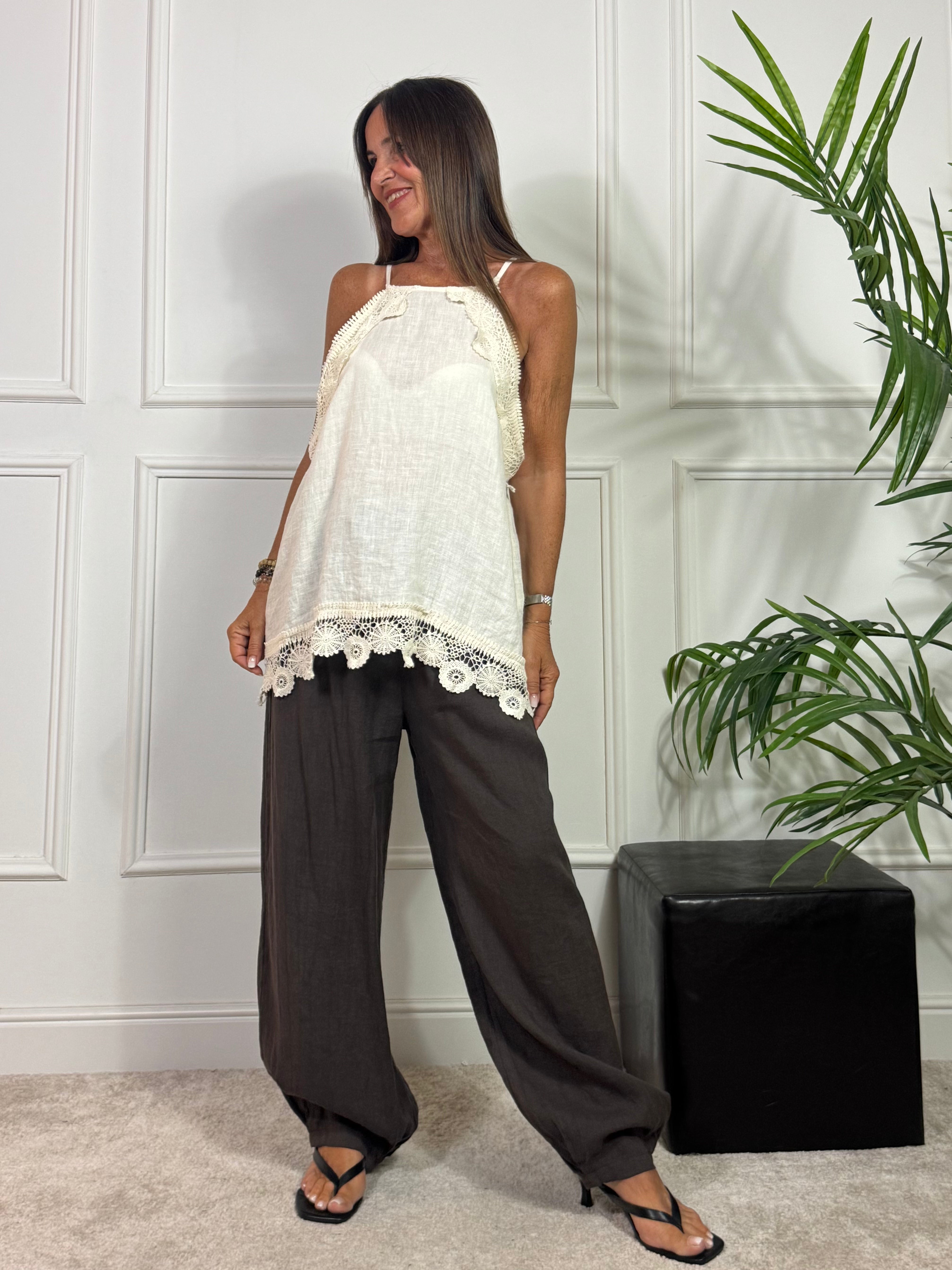 TOP LUNGO IN LINO OVER Victoria ILMH con RICAMI CROCHET