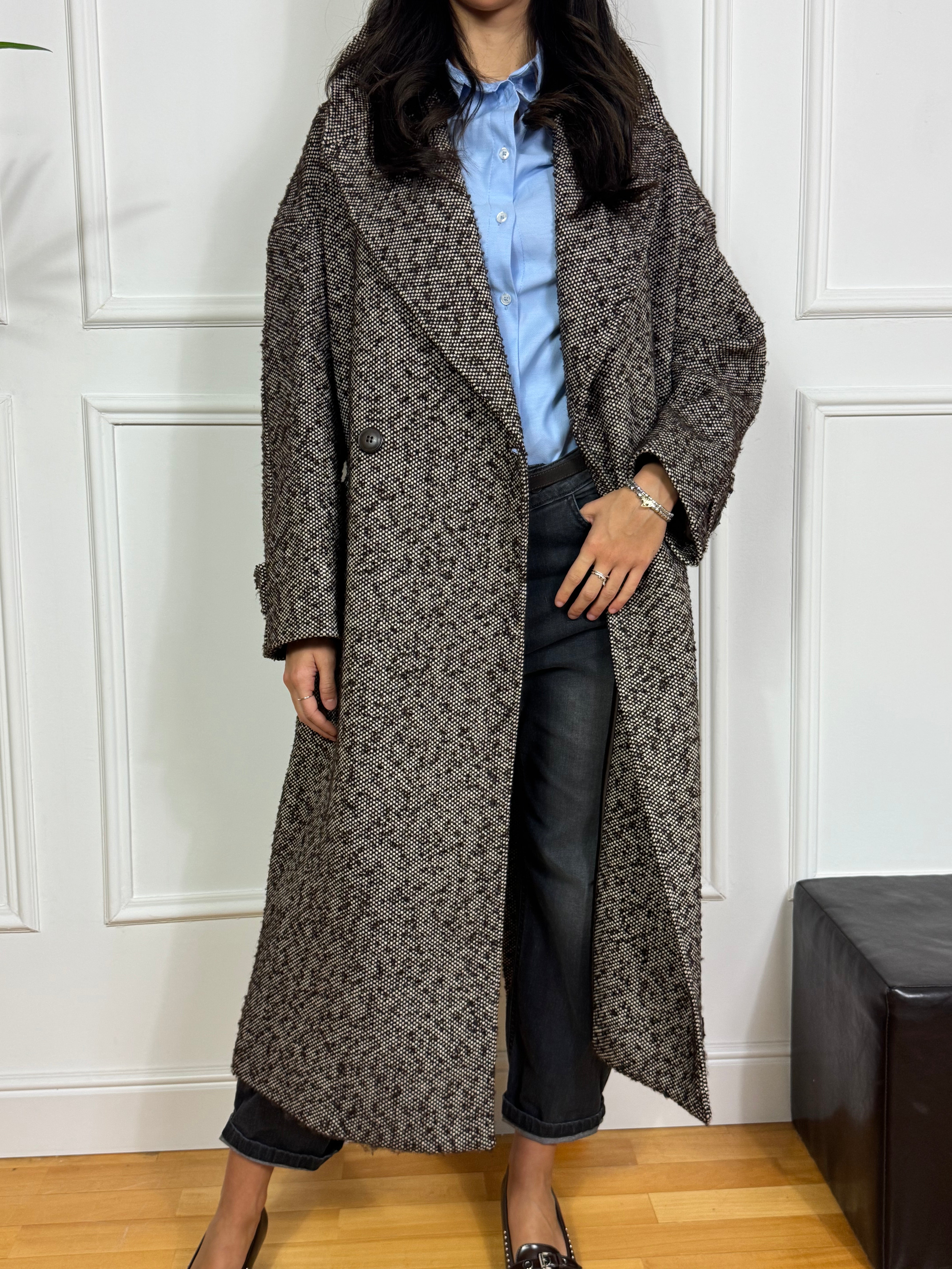 Cappotto lungo doppiopetto Kikisix sale e pepe MORO-PANNA