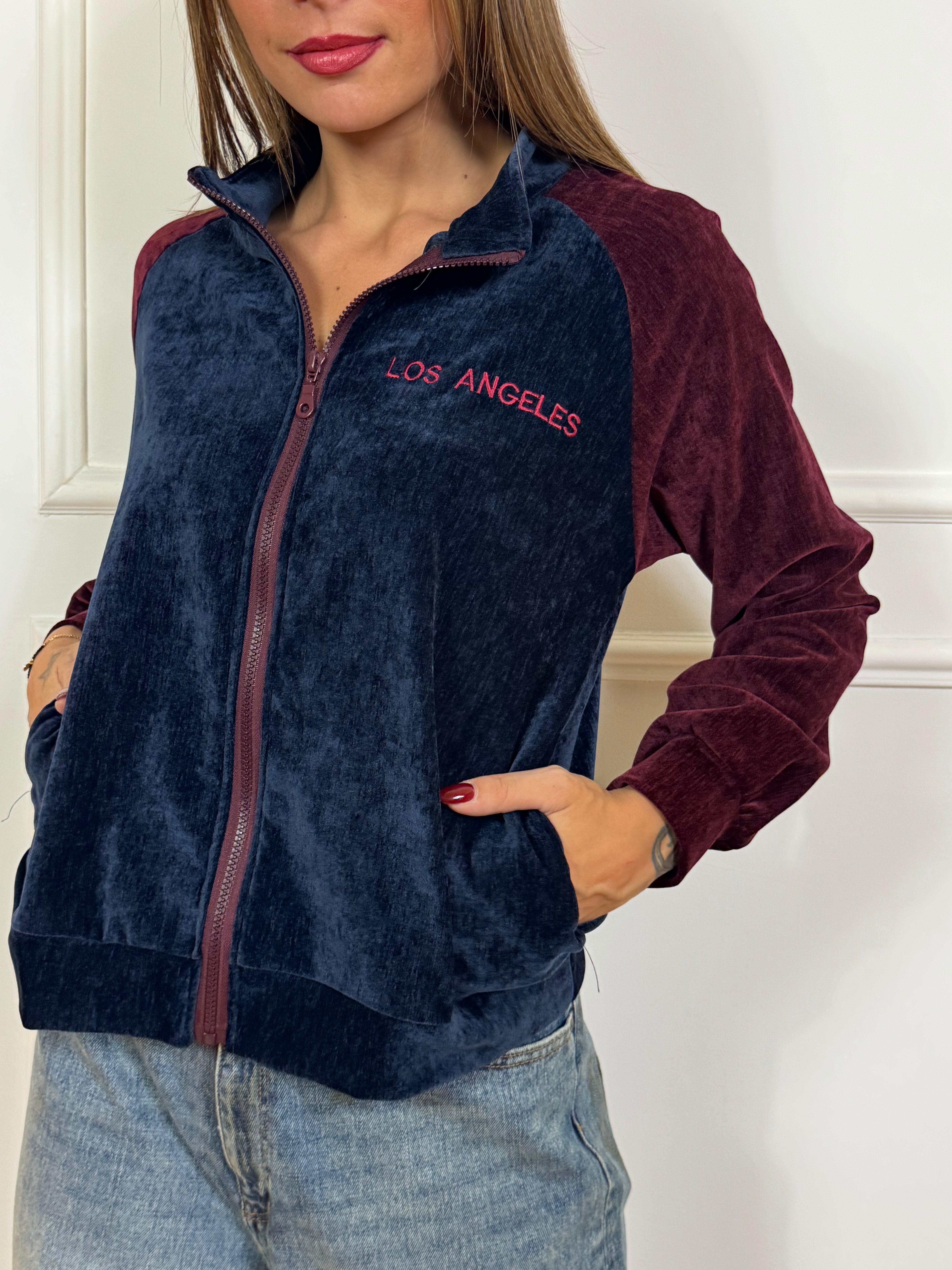 Giacca bomber in felpa Victoria ILMH in velluto blu-bordeaux