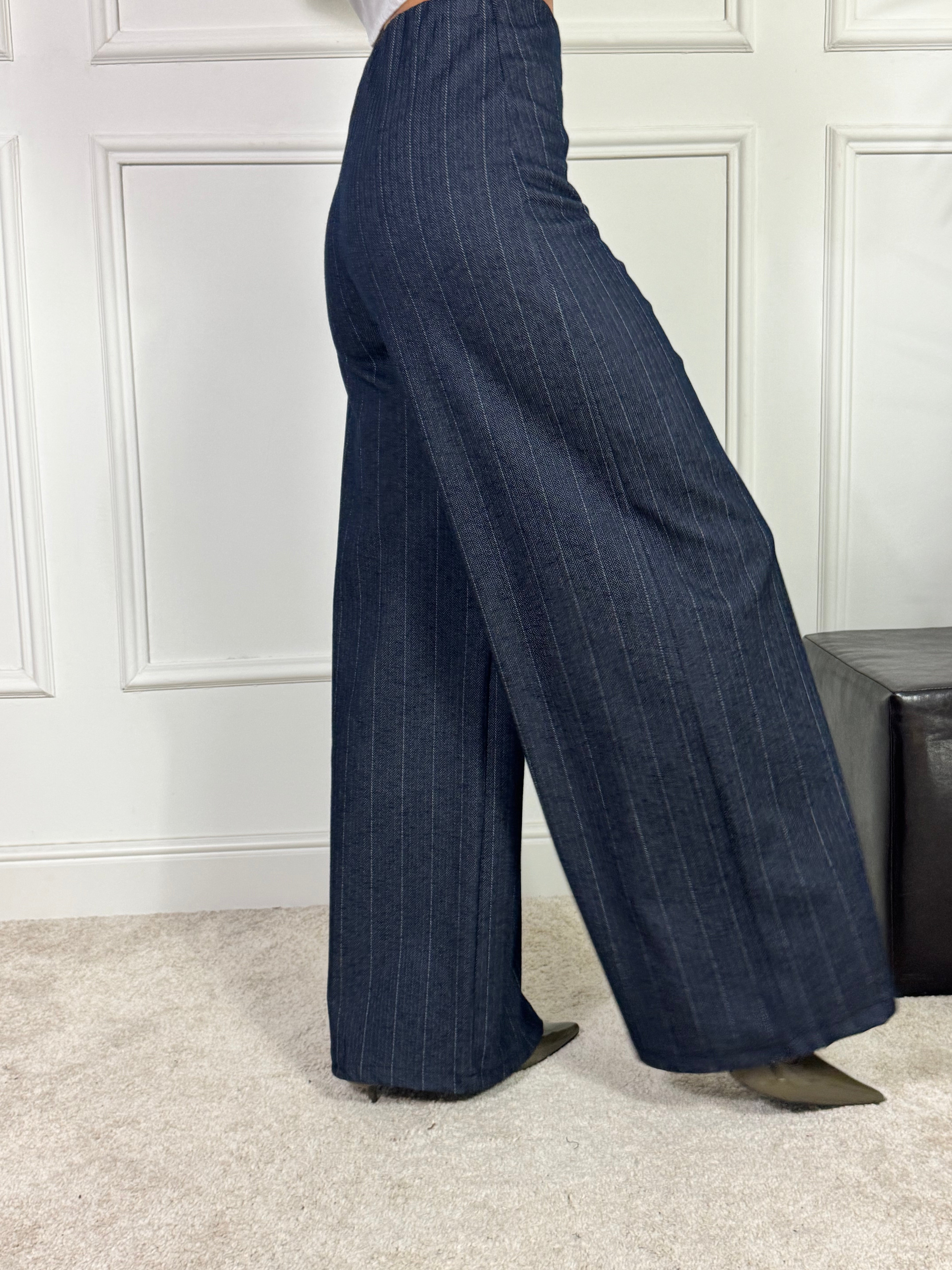 Pantalone PALAZZO CON ELASTICO Victoria ILMH fantasia SPINATO BLU NOTTE