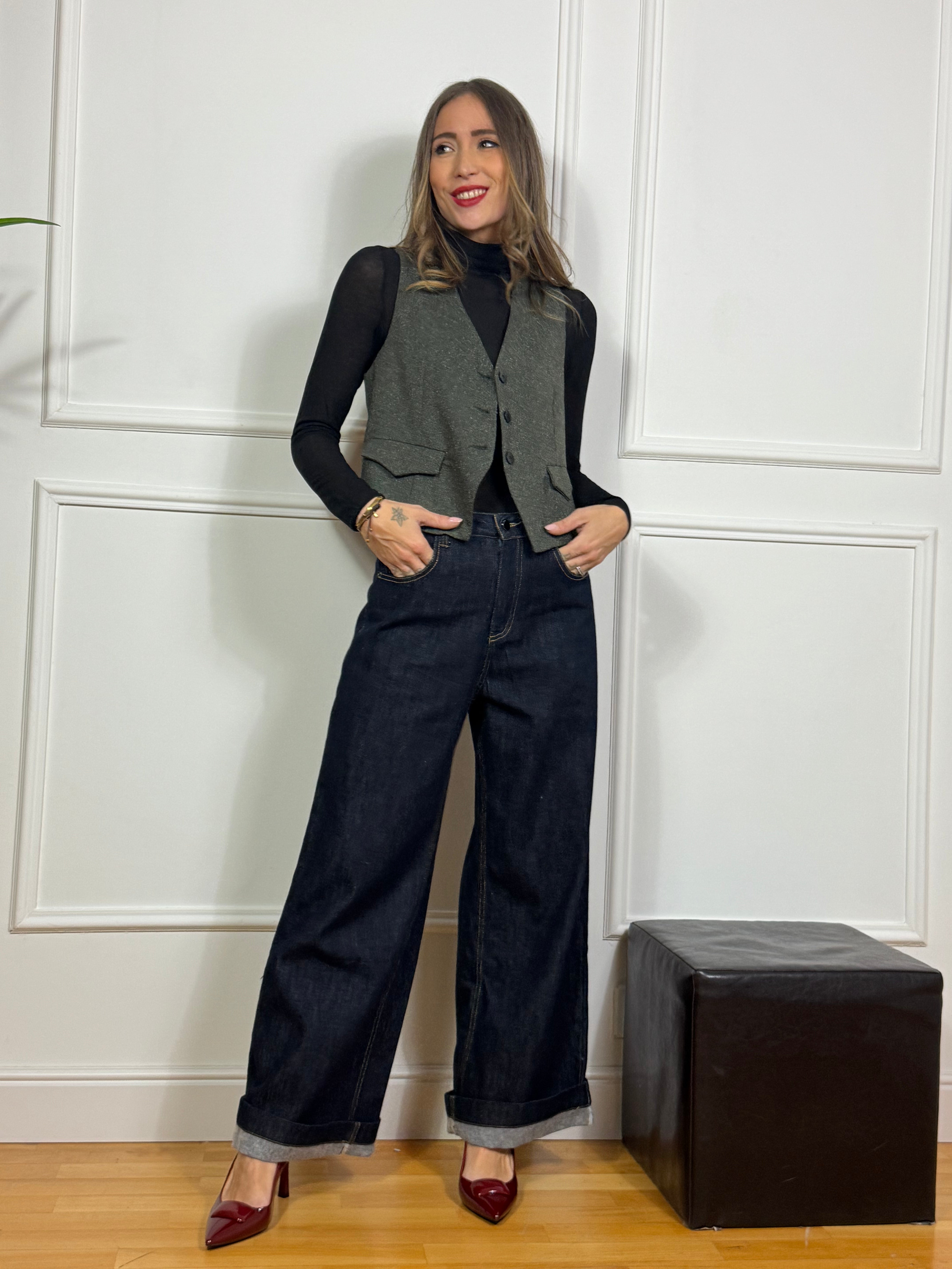 Jeans Victoria ILMH PALAZZO - LAVAGGIO SCURO - CUCITURE A CONTRASTO