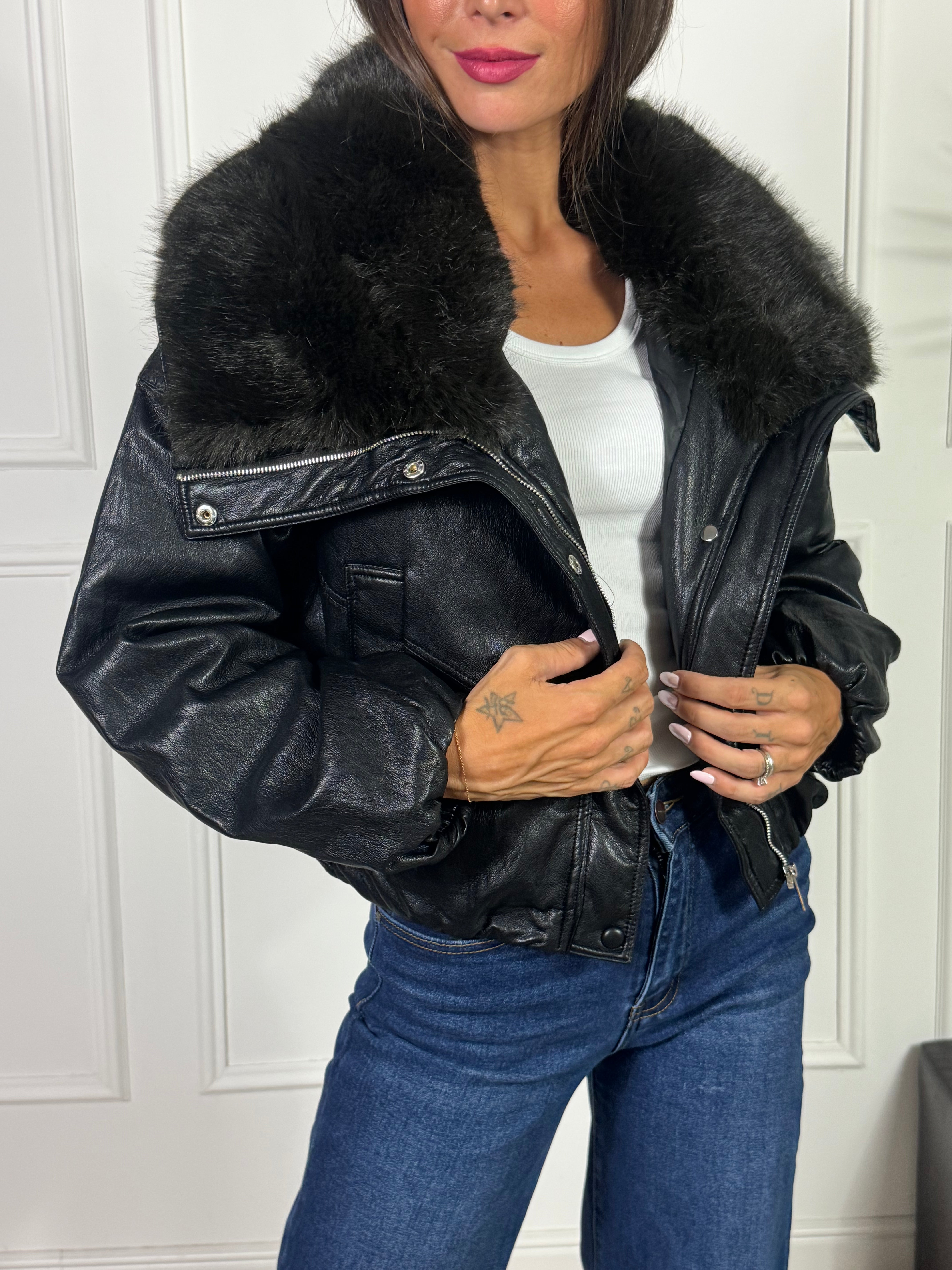 Giubbino bomber ecopelle morbida Susy Mix con collo ECOPELLICCIA