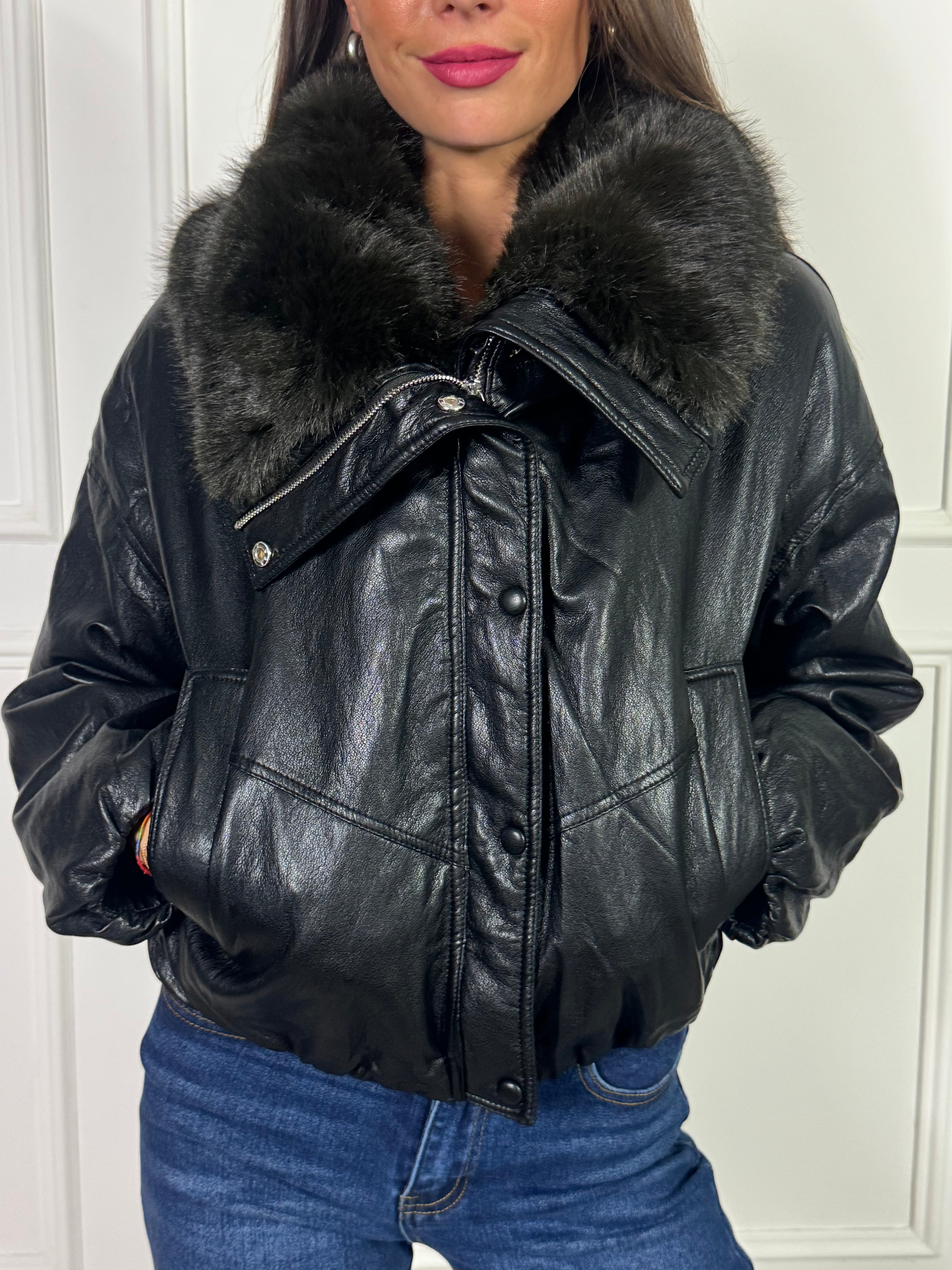 Giubbino bomber ecopelle morbida Susy Mix con collo ECOPELLICCIA
