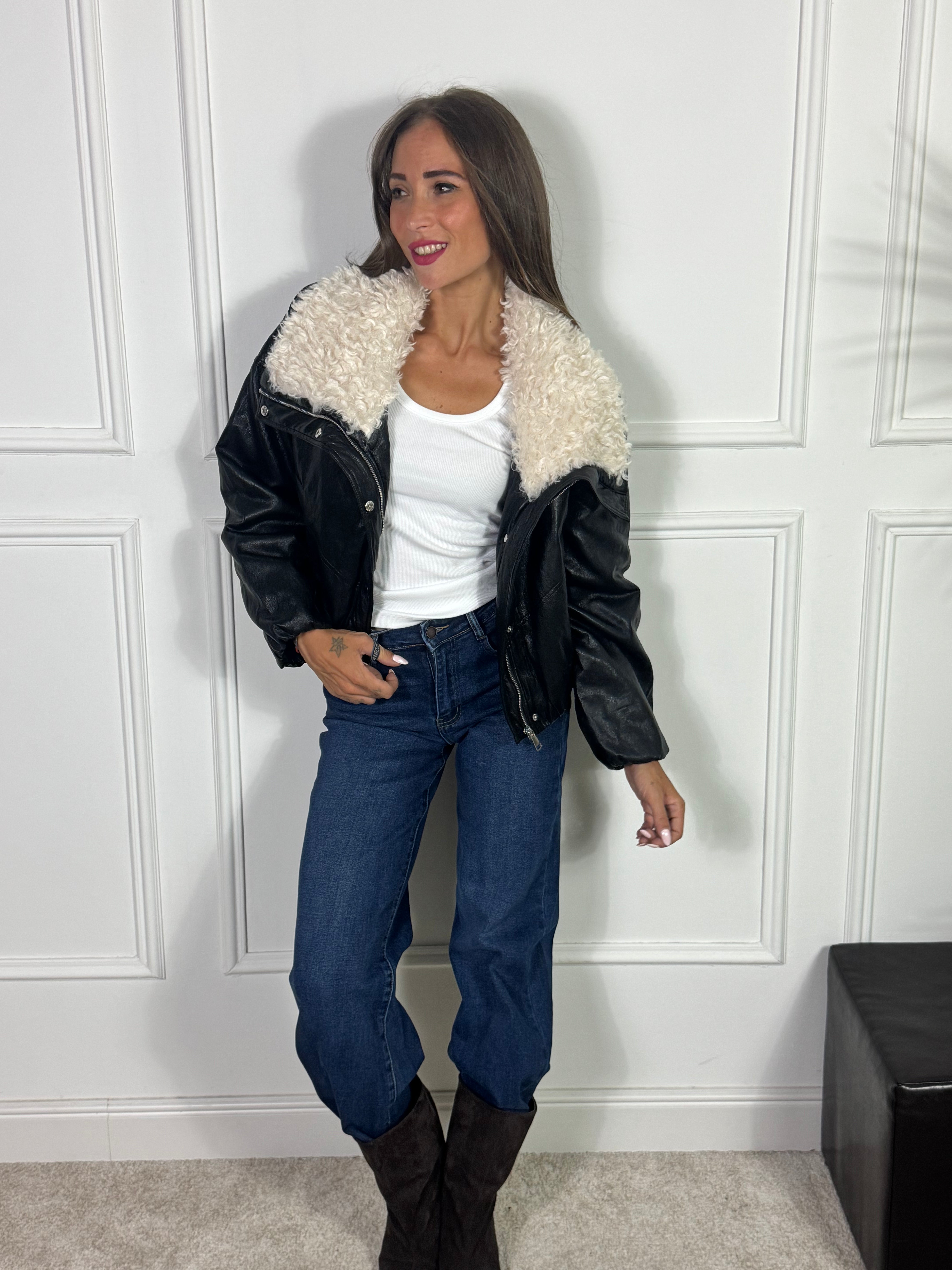 Giubbino bomber ecopelle morbida Susy Mix con COLLO BOUCLE'