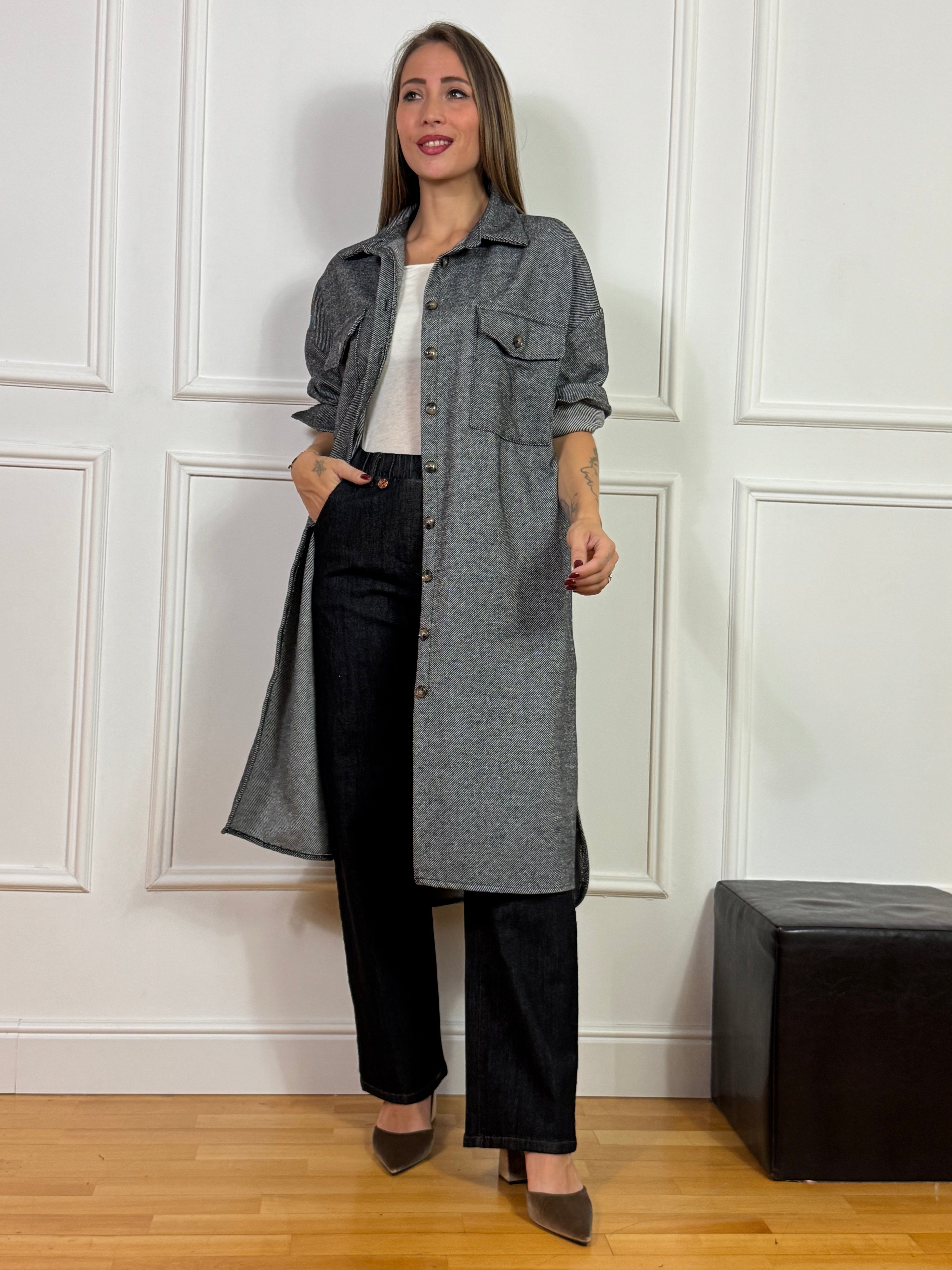 Jeans chambray Ragno WIDE WITH POCKETS - Colore GRAY BLACK - GAMBA AMPIA DRITTA