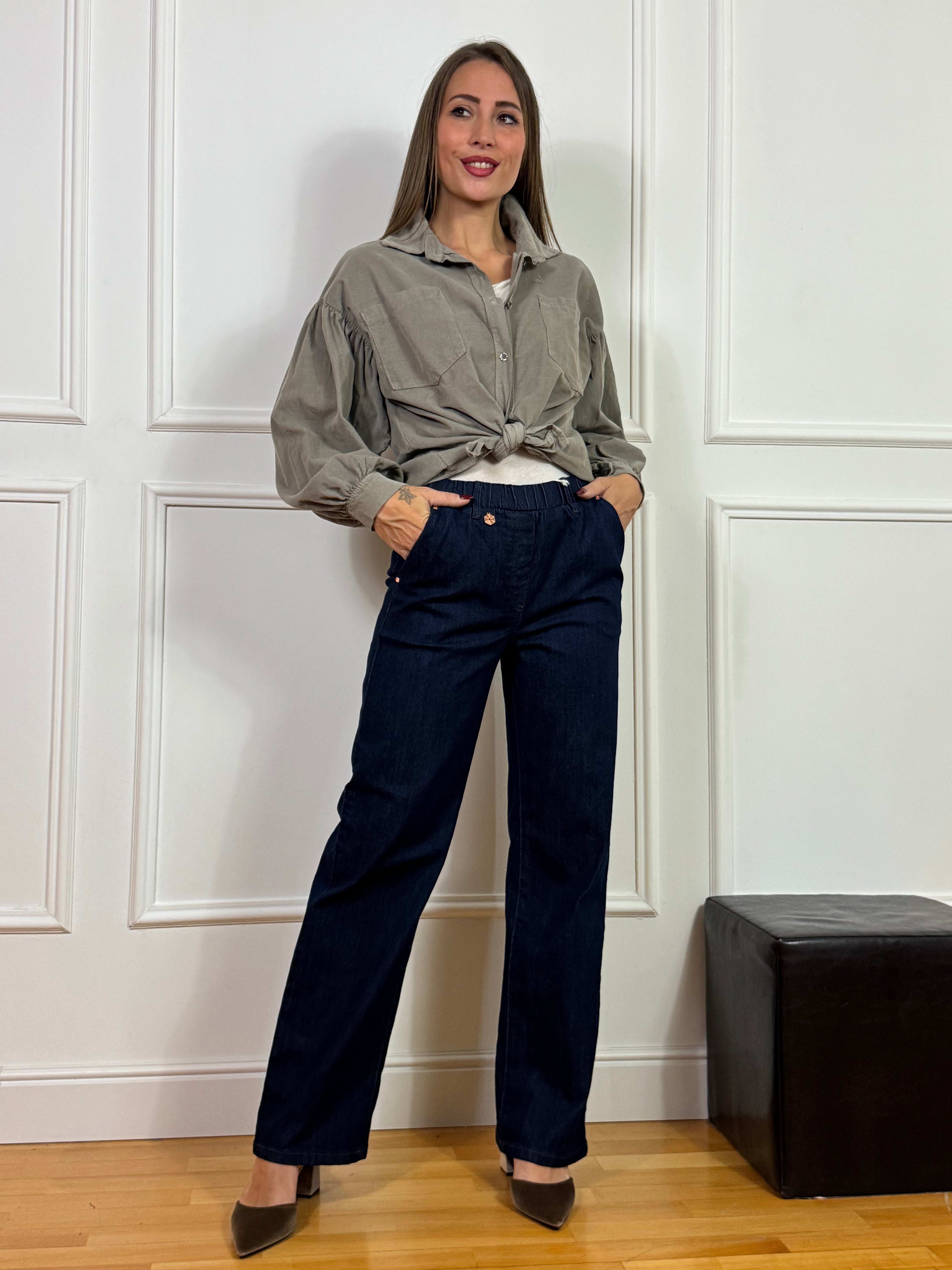 Jeans chambray Ragno WIDE with pockets - GAMBA DRITTA - Colore PERSIA