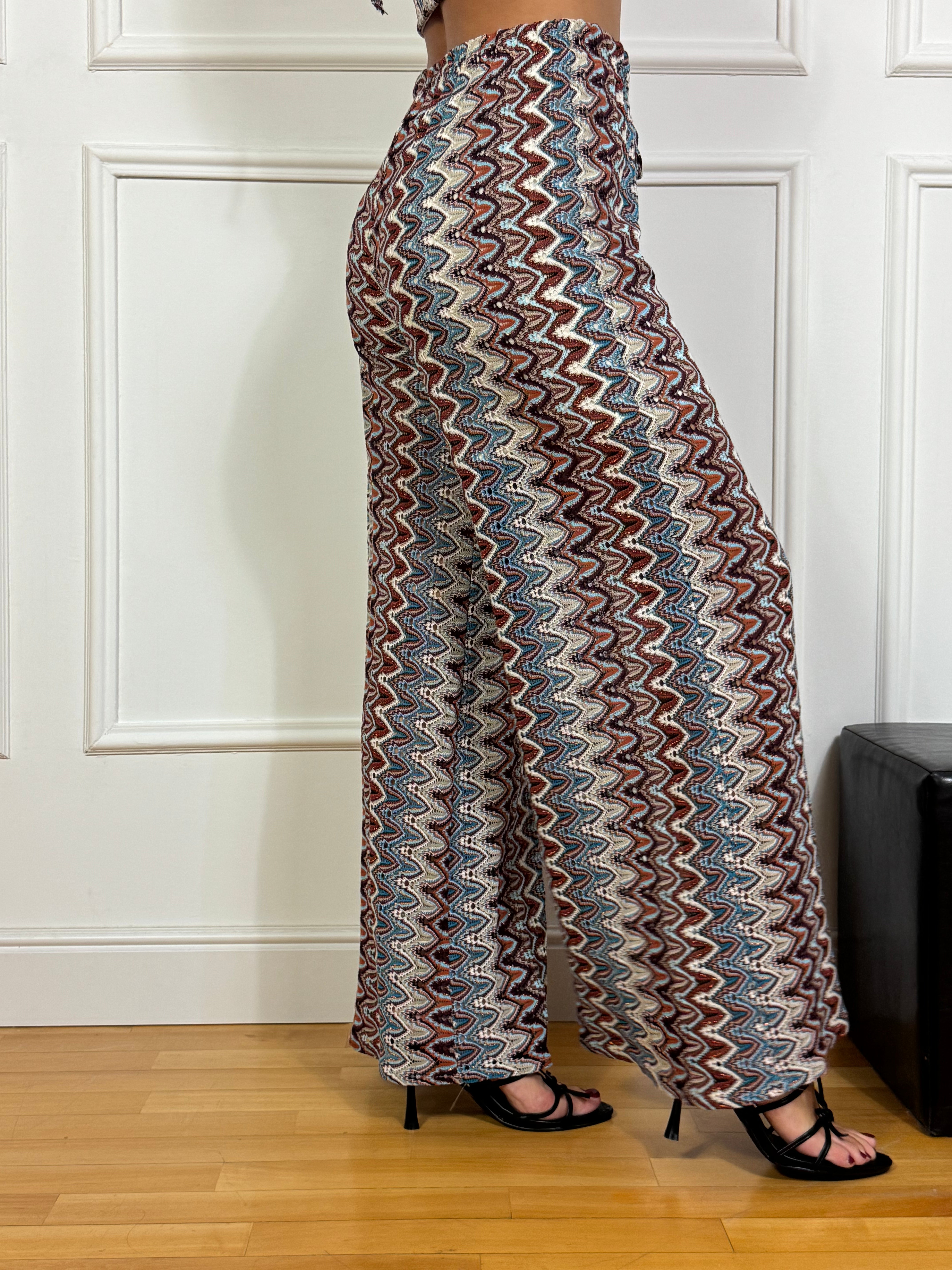 Pantalone Kikisix in crochet FANTASIA MATTONE-CELESTE