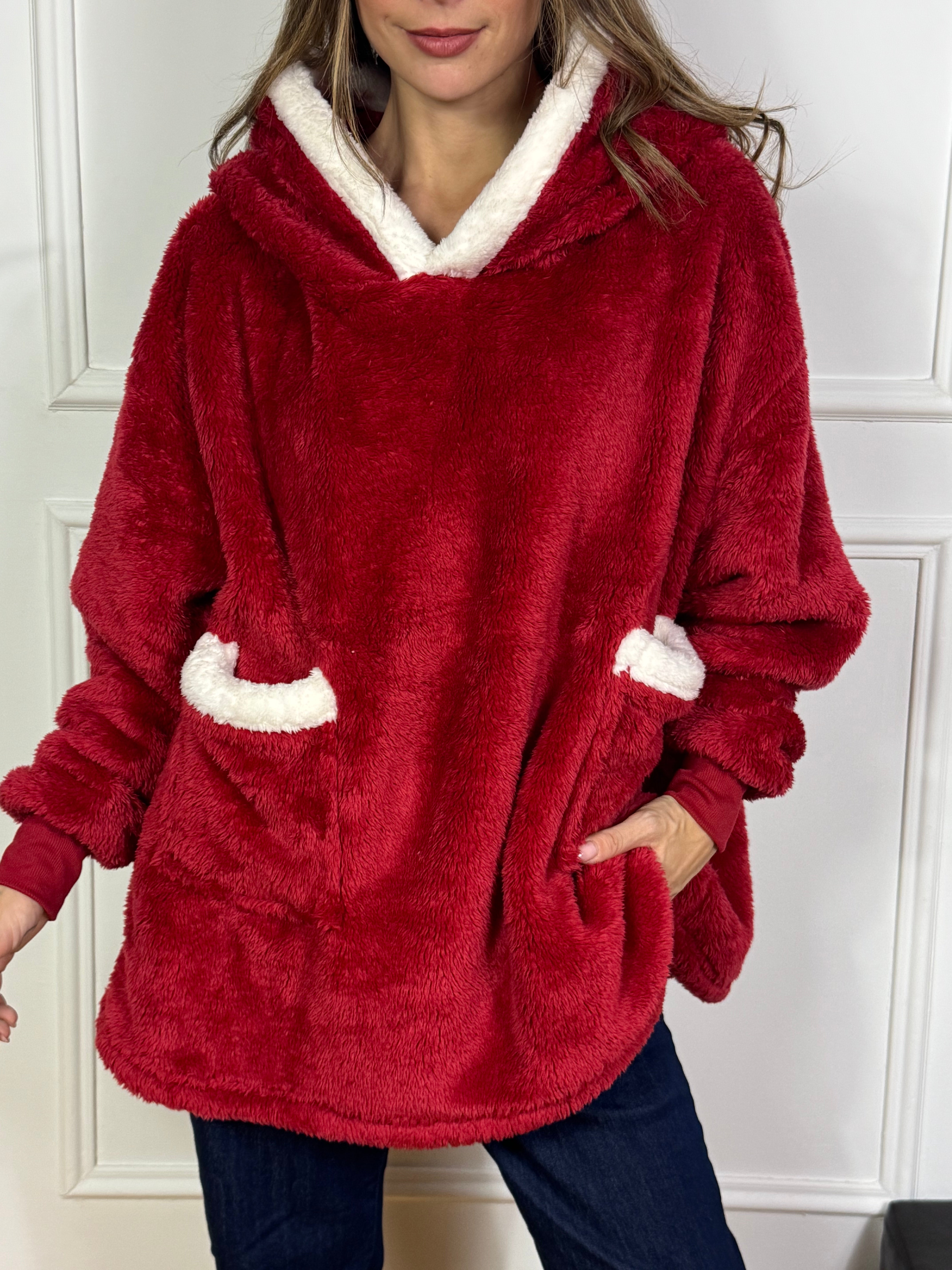 Maxi felpa peluche con cappuccio orecchie - ROSSO