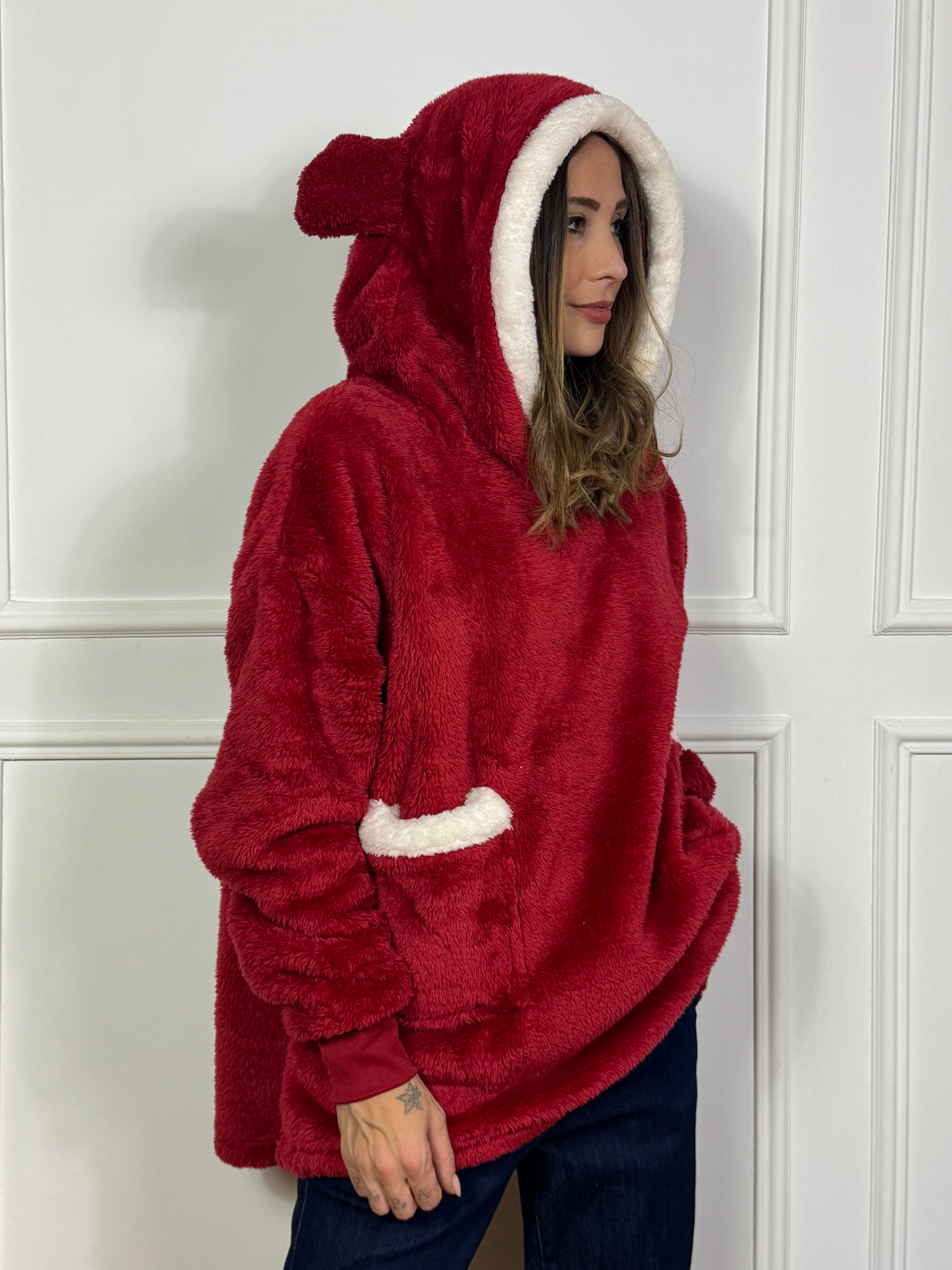 Maxi felpa peluche con cappuccio orecchie - ROSSO