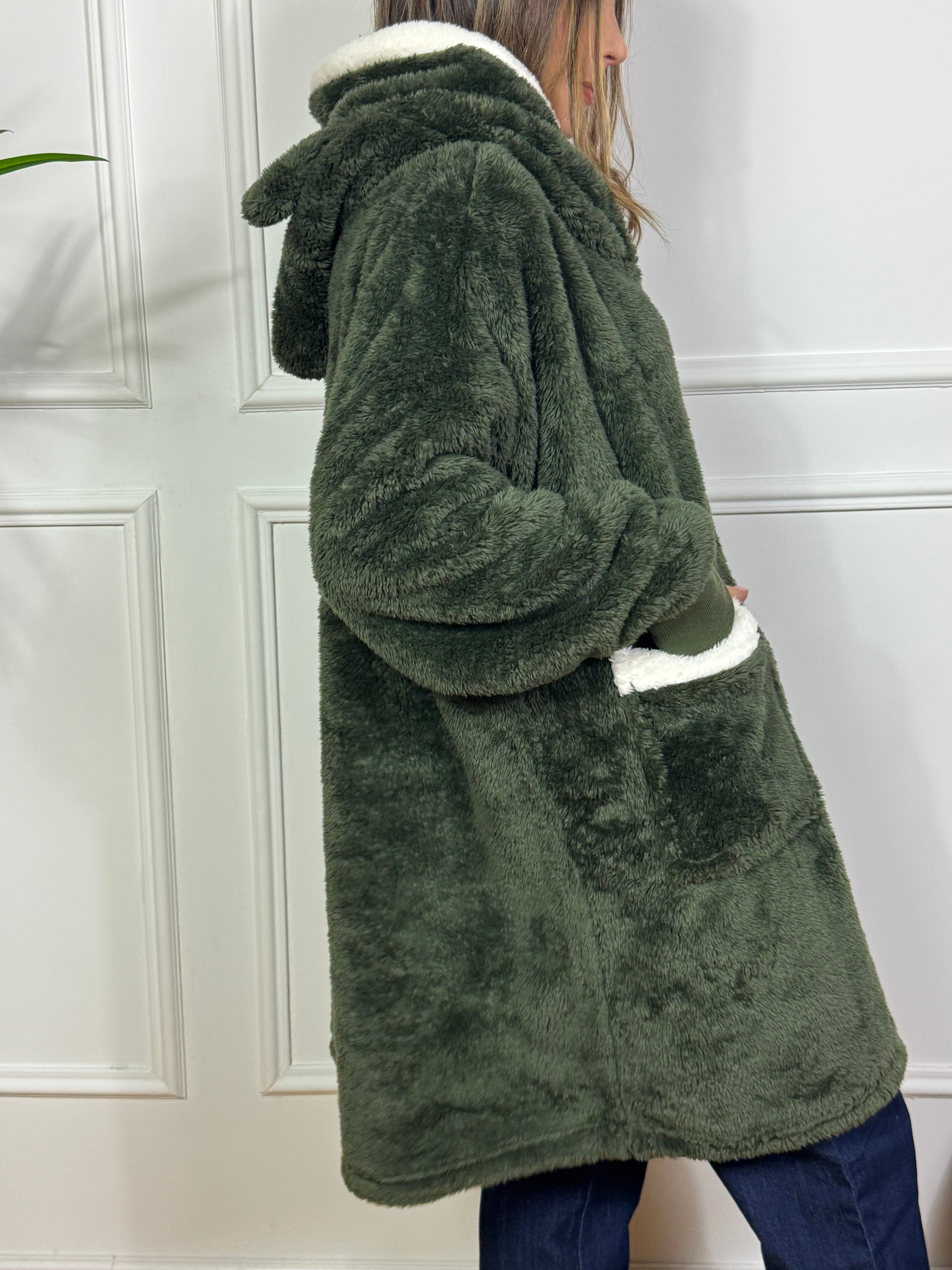 Maxi felpa peluche con cappuccio orecchie - VERDE