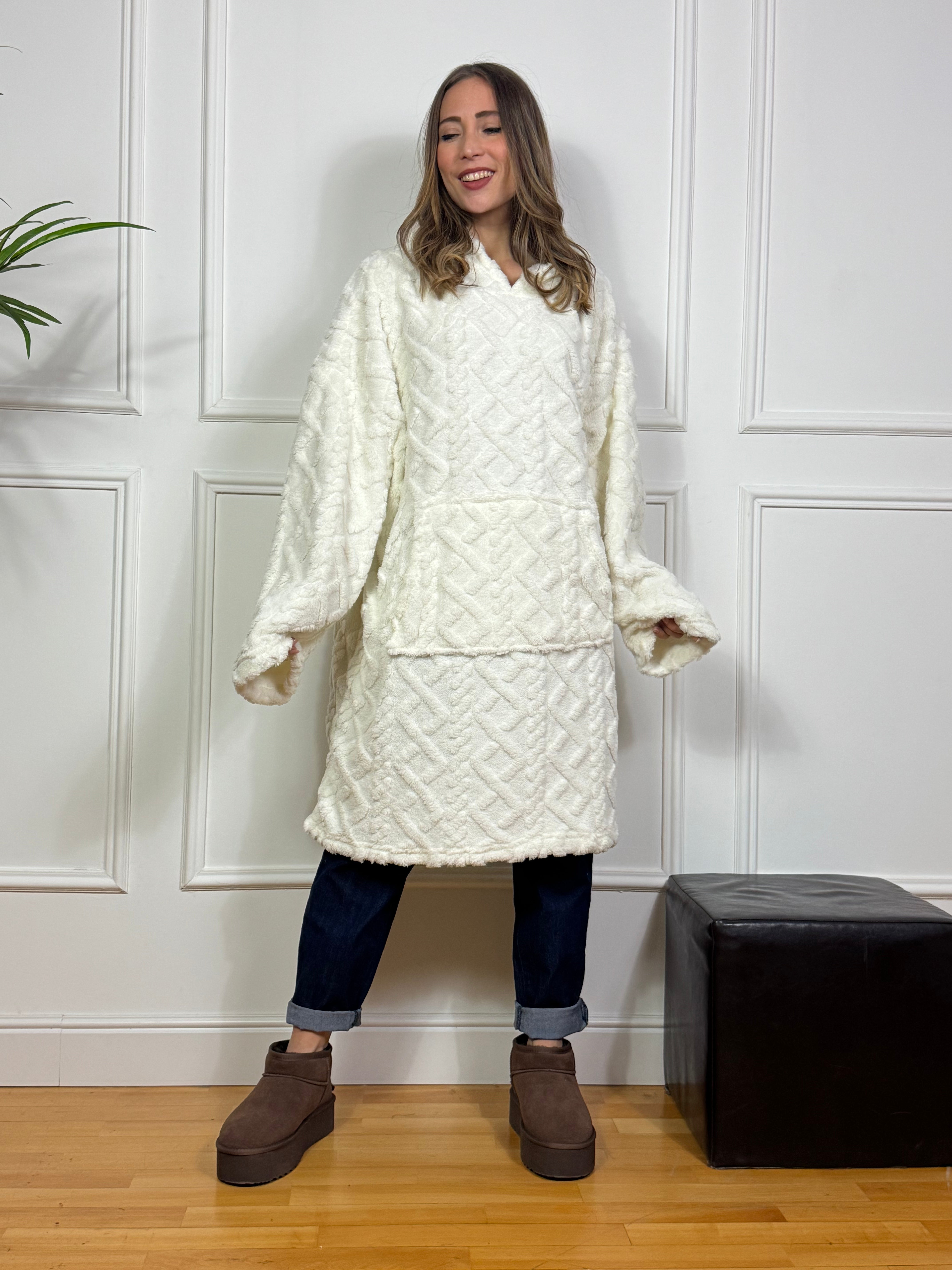 Maxi felpa peluche con cappuccio - TRICOT PANNA