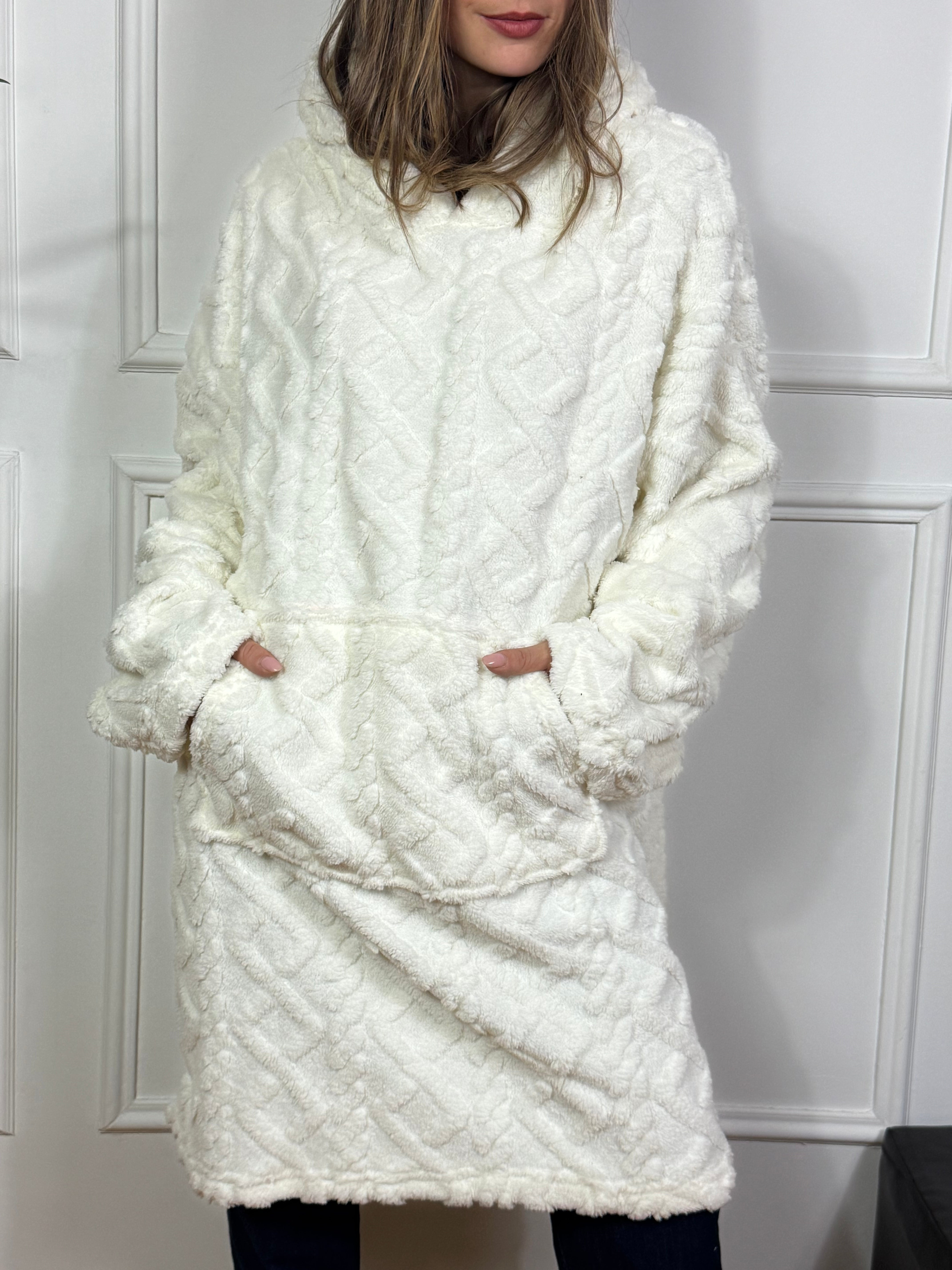 Maxi felpa peluche con cappuccio - TRICOT PANNA