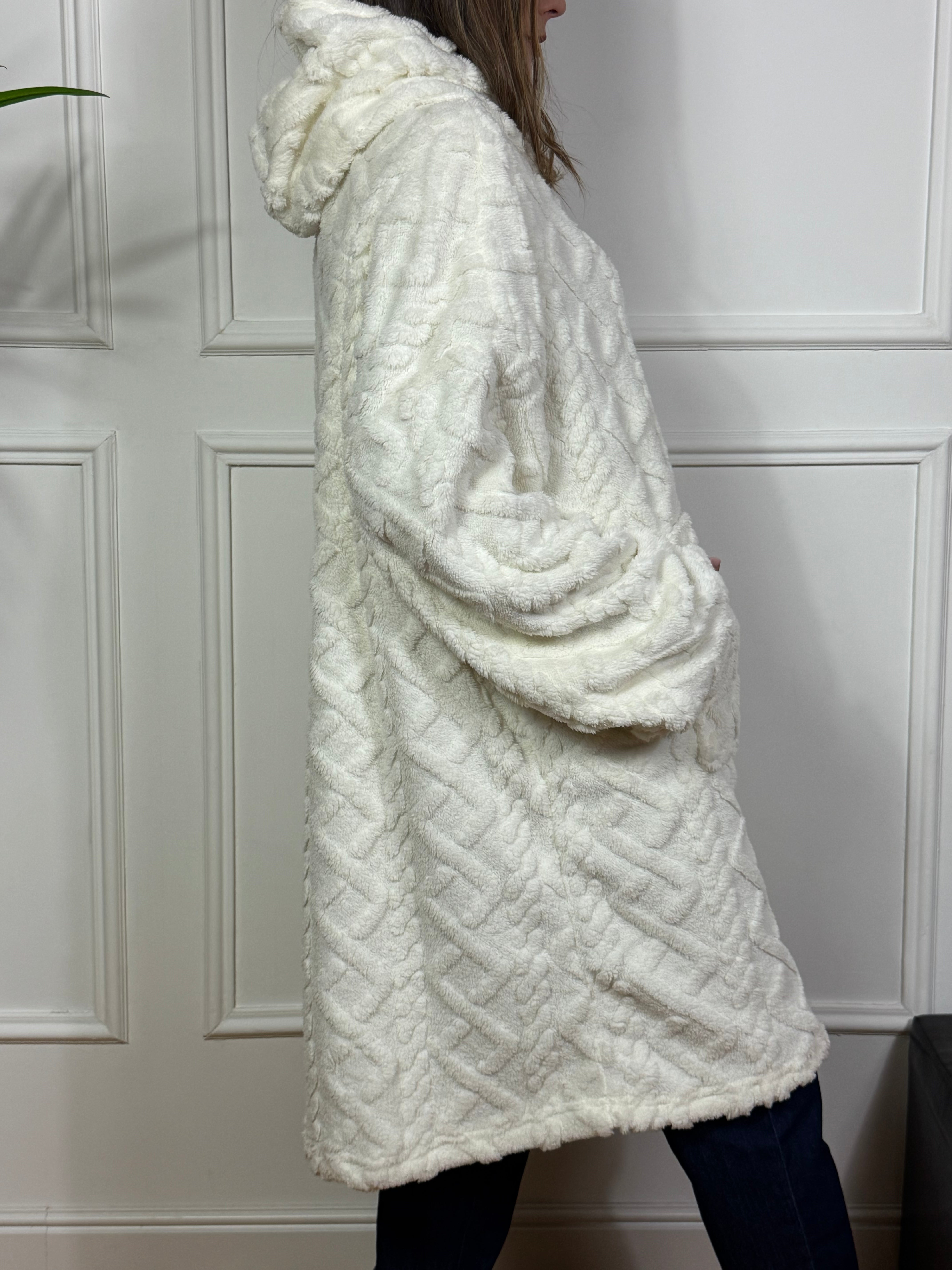 Maxi felpa peluche con cappuccio - TRICOT PANNA