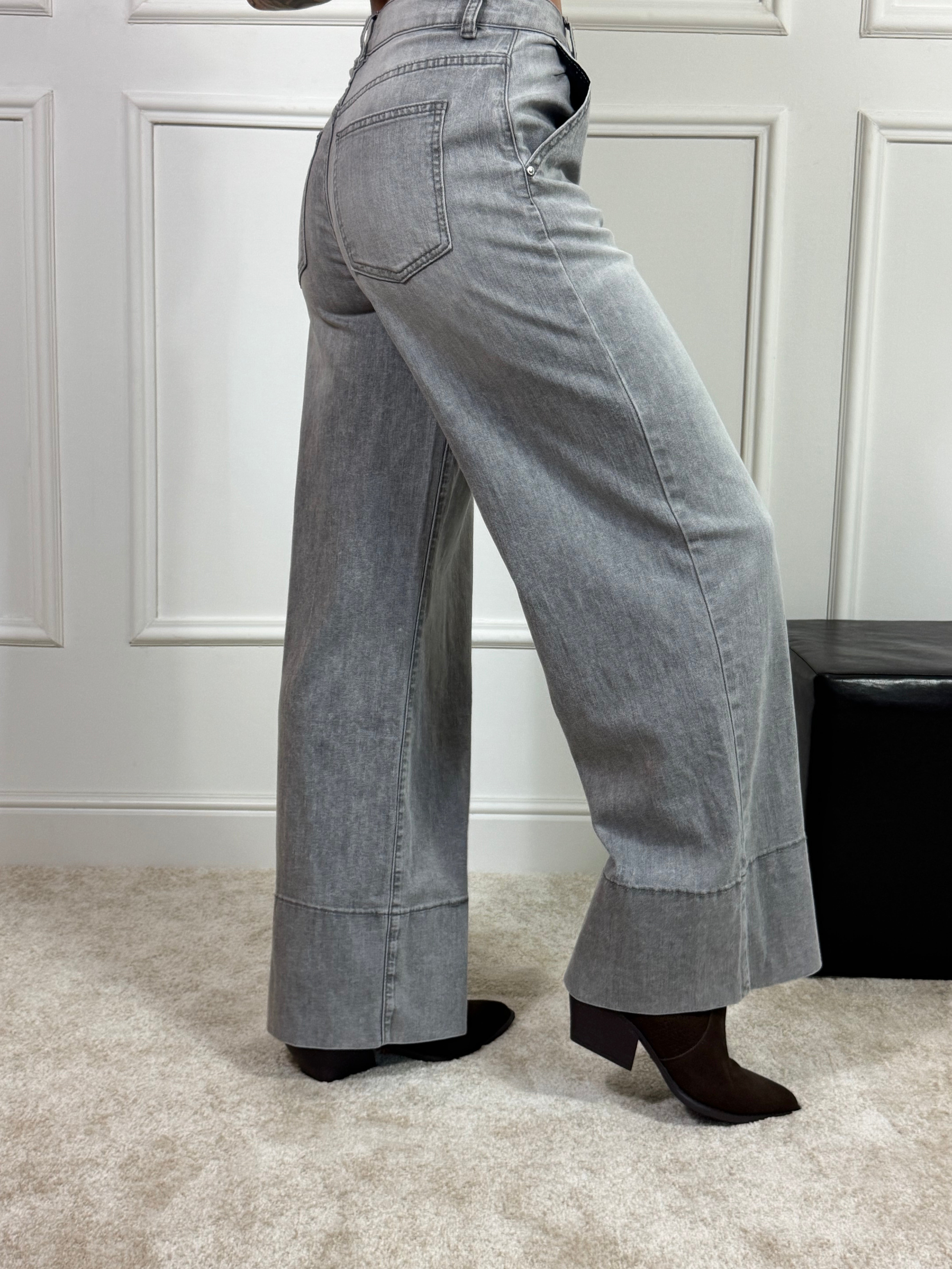 Jeans Victoria ILMH - WIDE lavaggio GRIGIO CHIARO DELAVE' - CUCITURA RISVOLTO ALTO