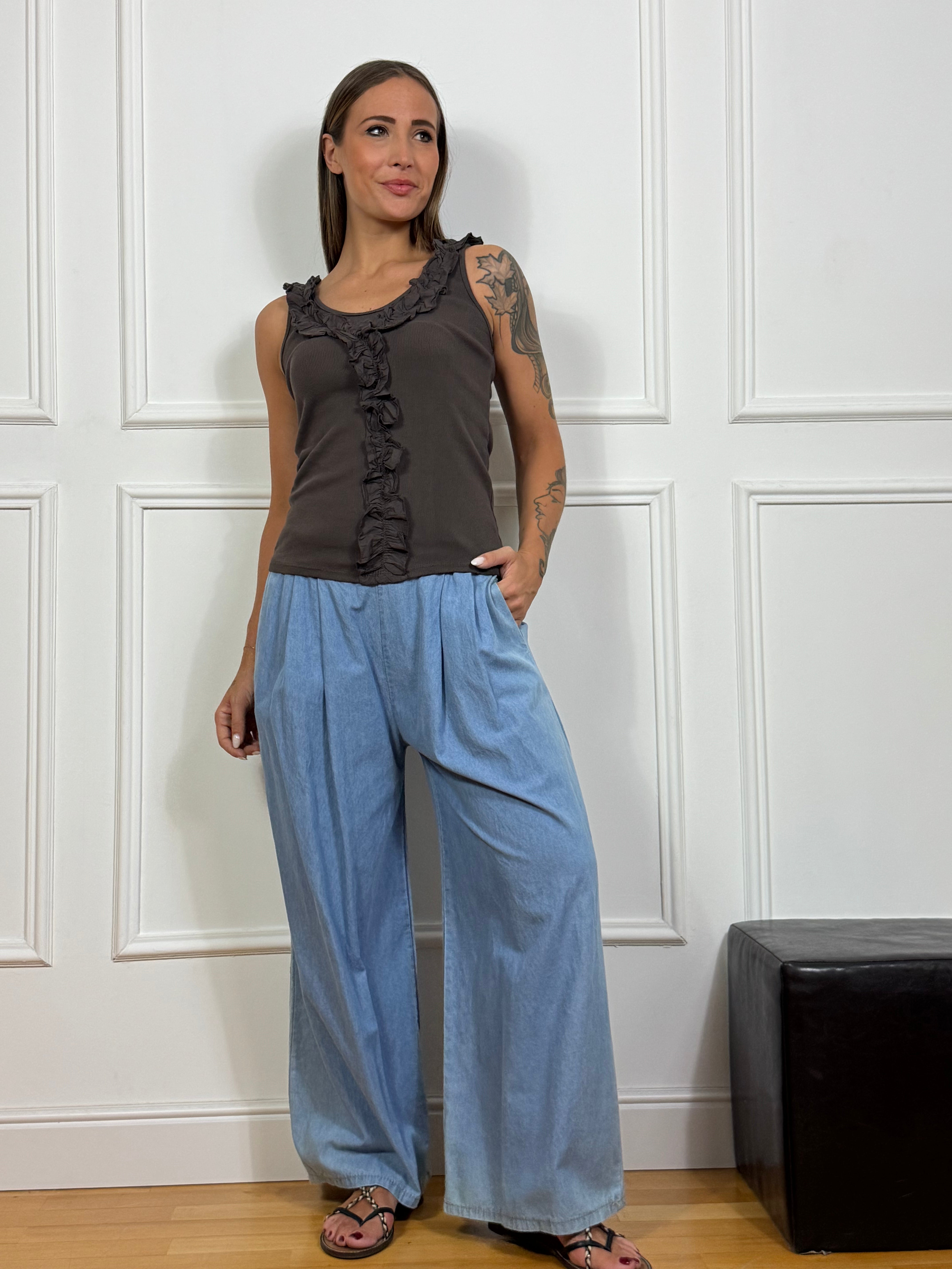 Pantalone ampio a palazzo in chambray Victoria ILMH LAVAGGIO CHIARO