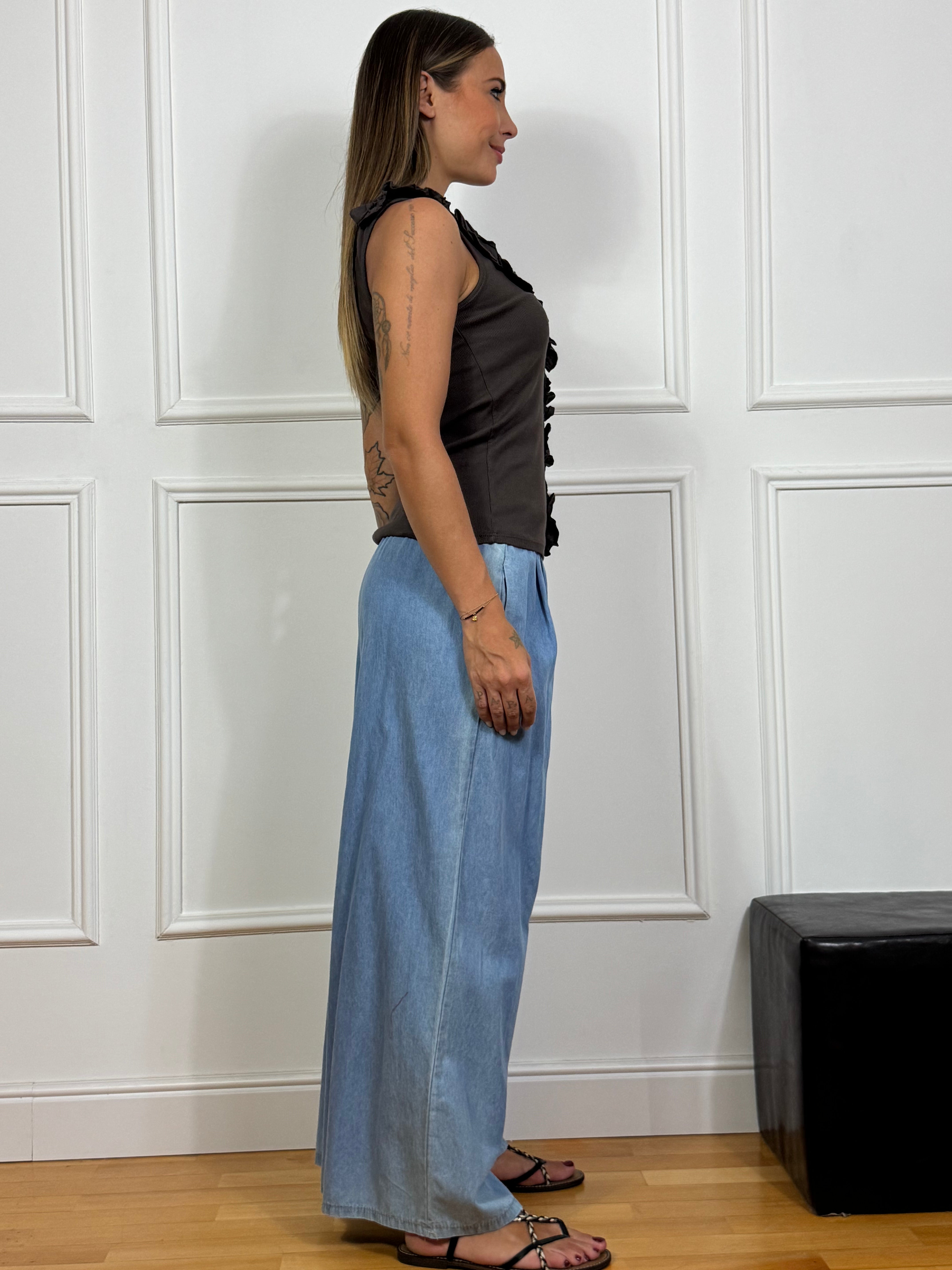 Pantalone ampio a palazzo in chambray Victoria ILMH LAVAGGIO CHIARO