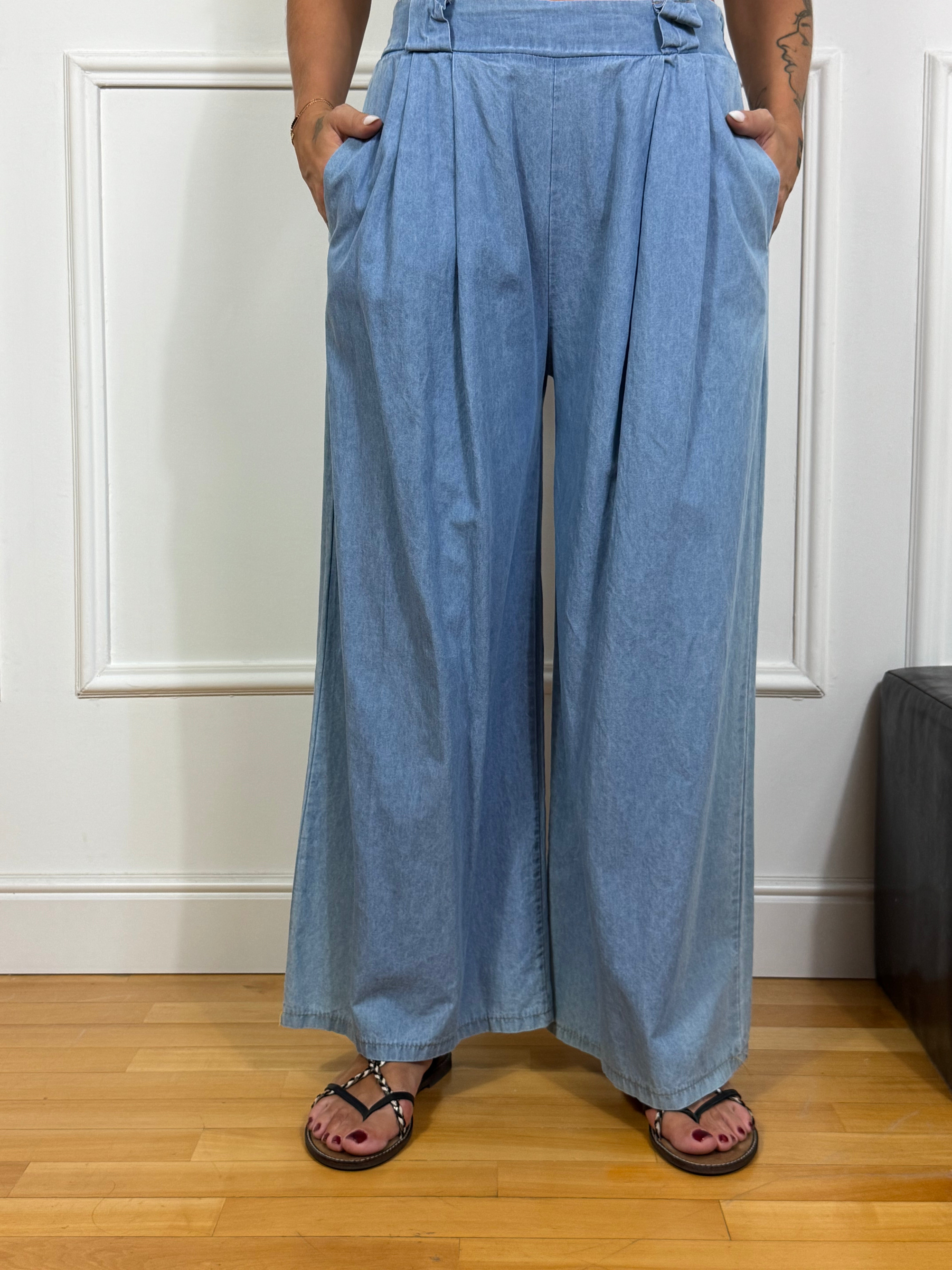 Pantalone ampio a palazzo in chambray Victoria ILMH LAVAGGIO CHIARO
