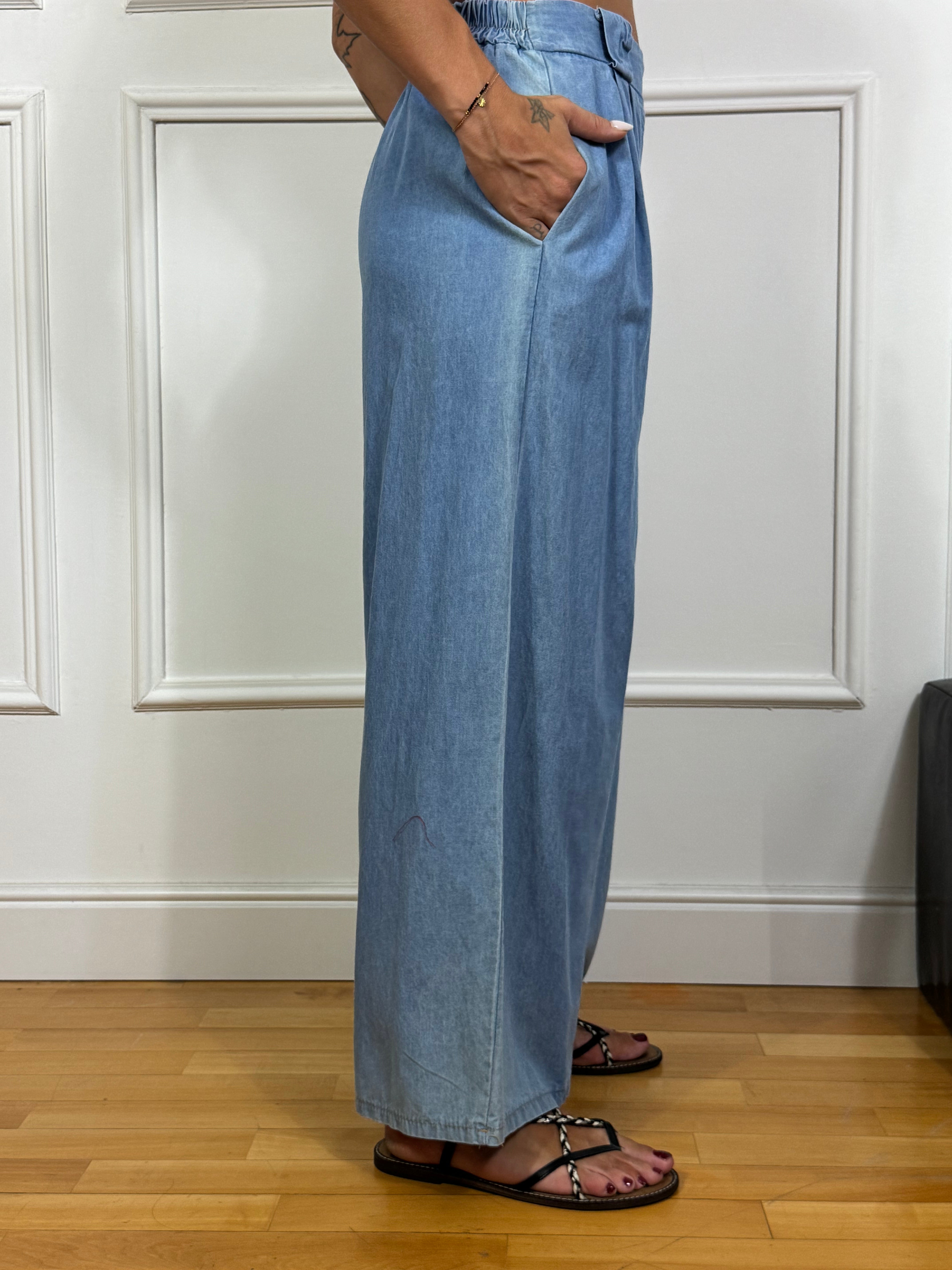 Pantalone ampio a palazzo in chambray Victoria ILMH LAVAGGIO CHIARO