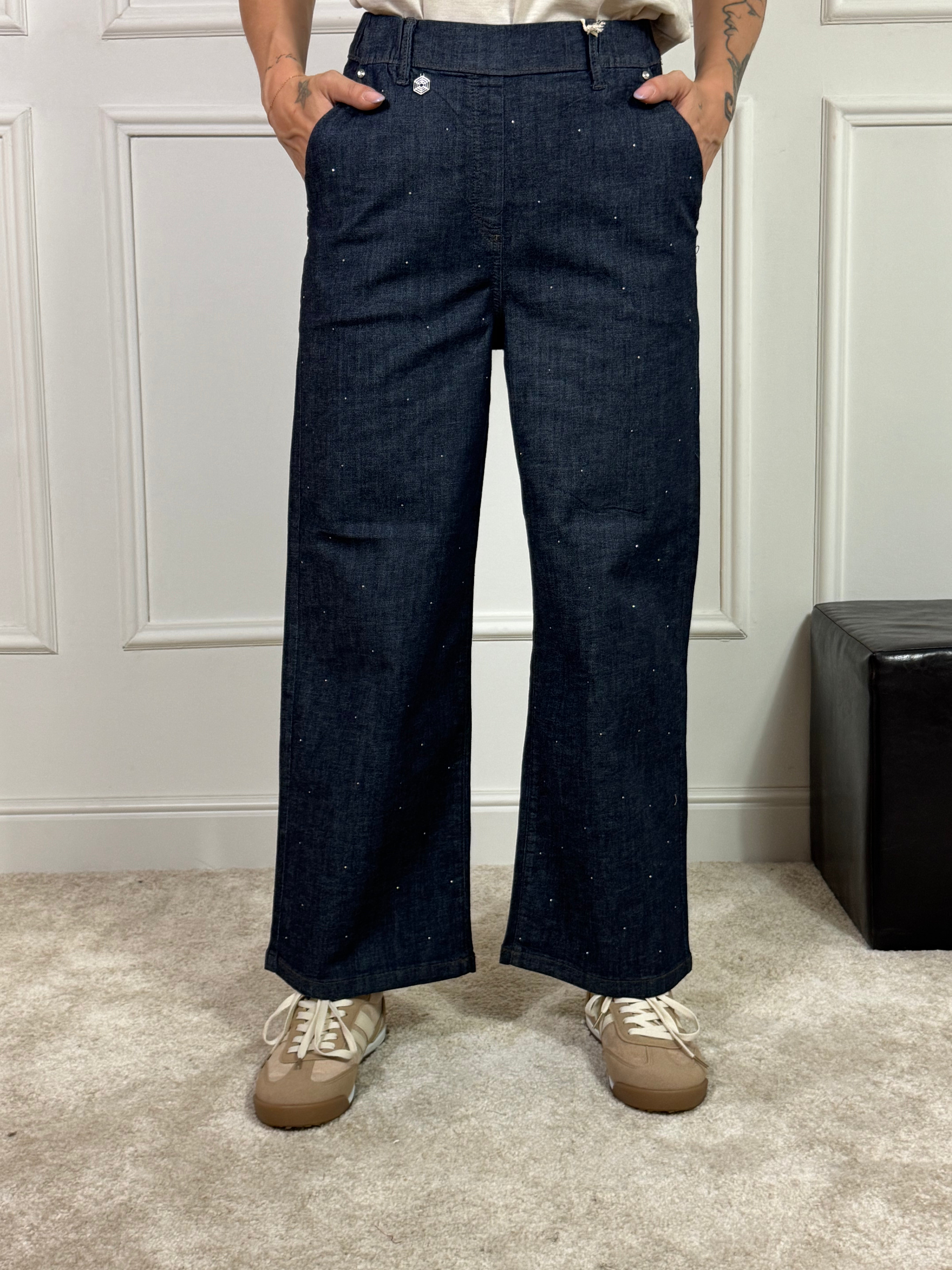 Pantalone JEANS CHAMBRAY STRASS modello CROPPED WIDE with pockets -Ragno ART. DP24P4