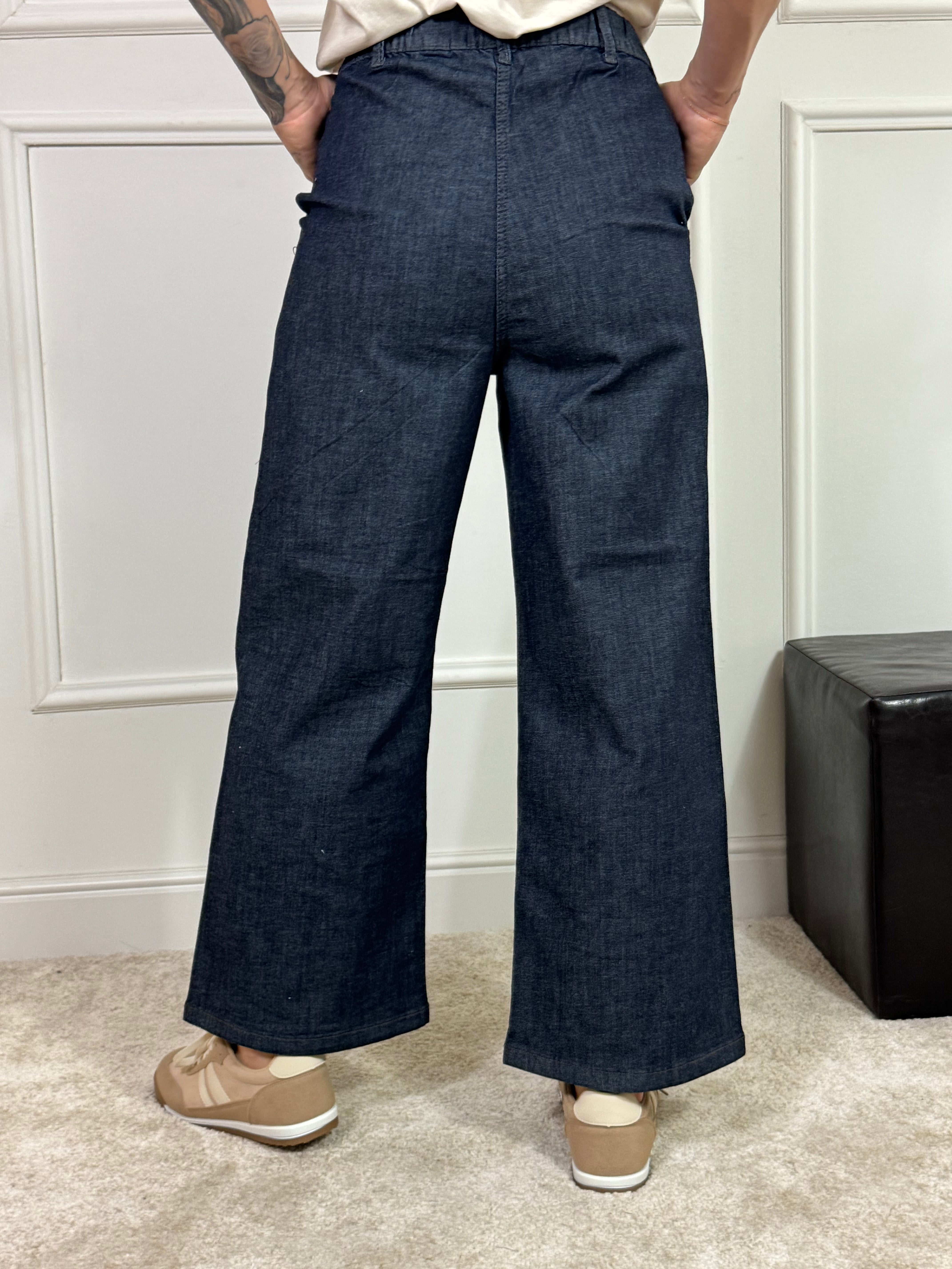 Pantalone JEANS CHAMBRAY STRASS modello CROPPED WIDE with pockets -Ragno ART. DP24P4