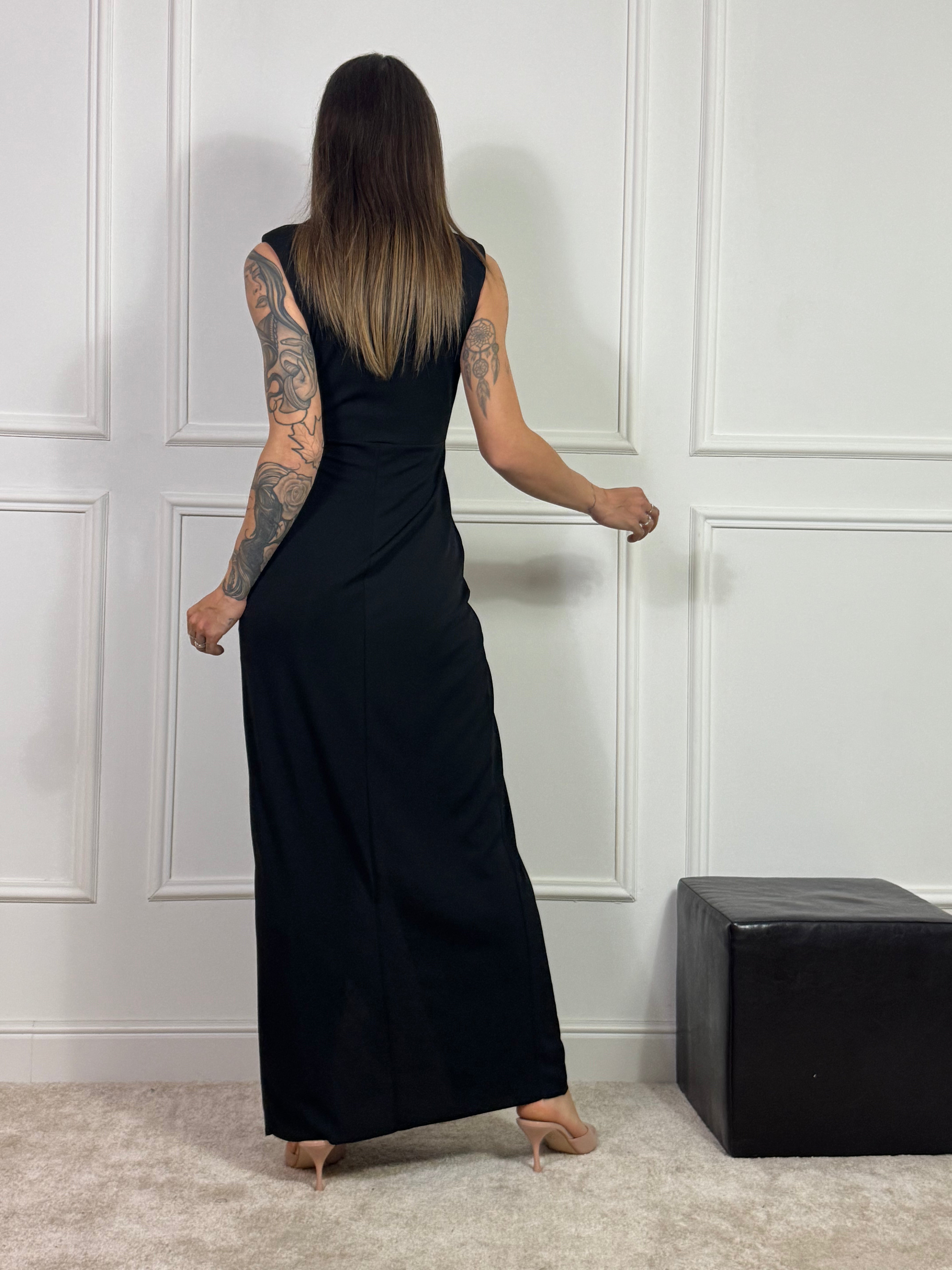 Abito smanicato lungo con spacco frontale Susy Mix con nodo scollo
