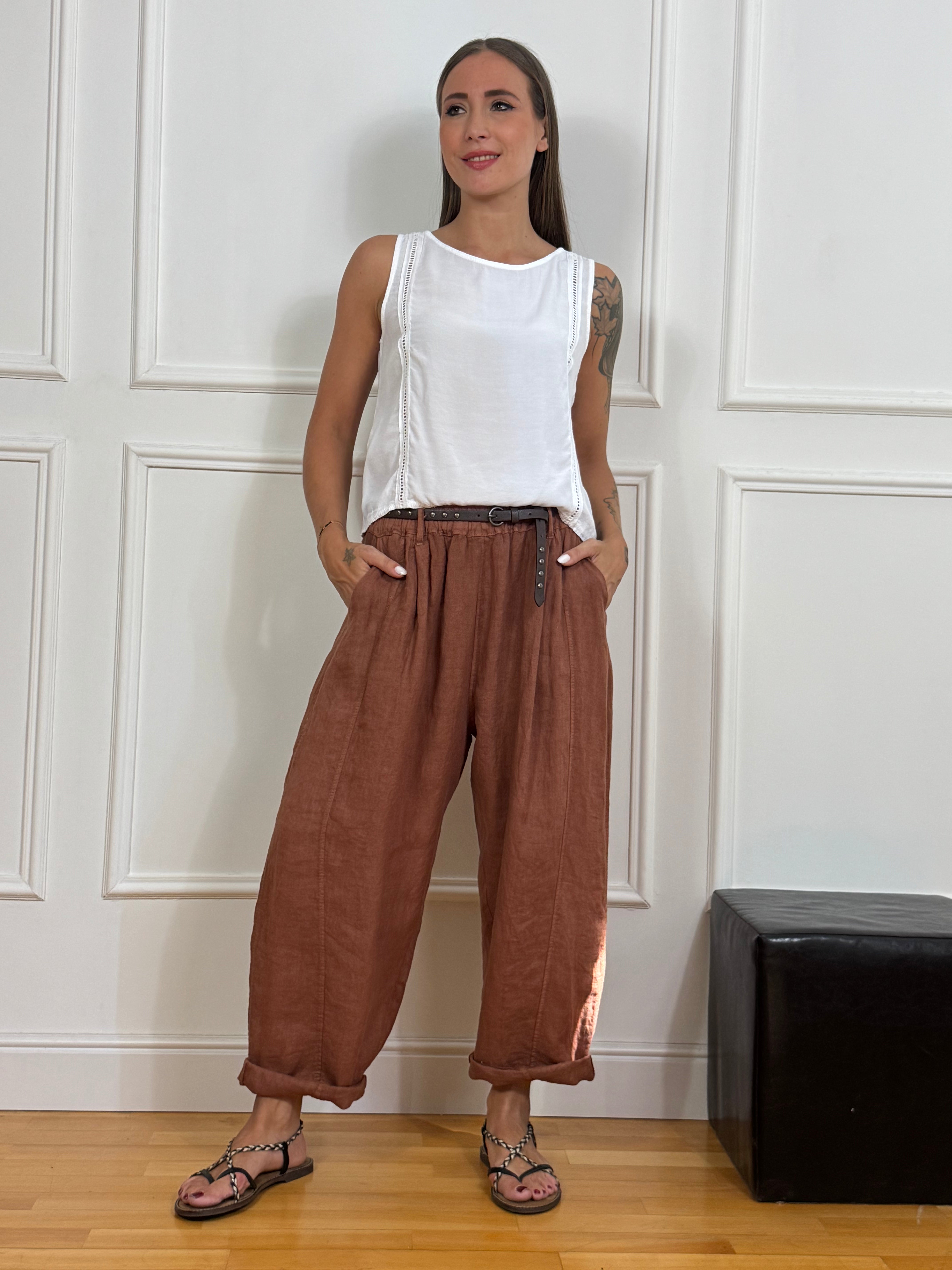 Pantalone ampio carota in lino VICTORIA ILMH