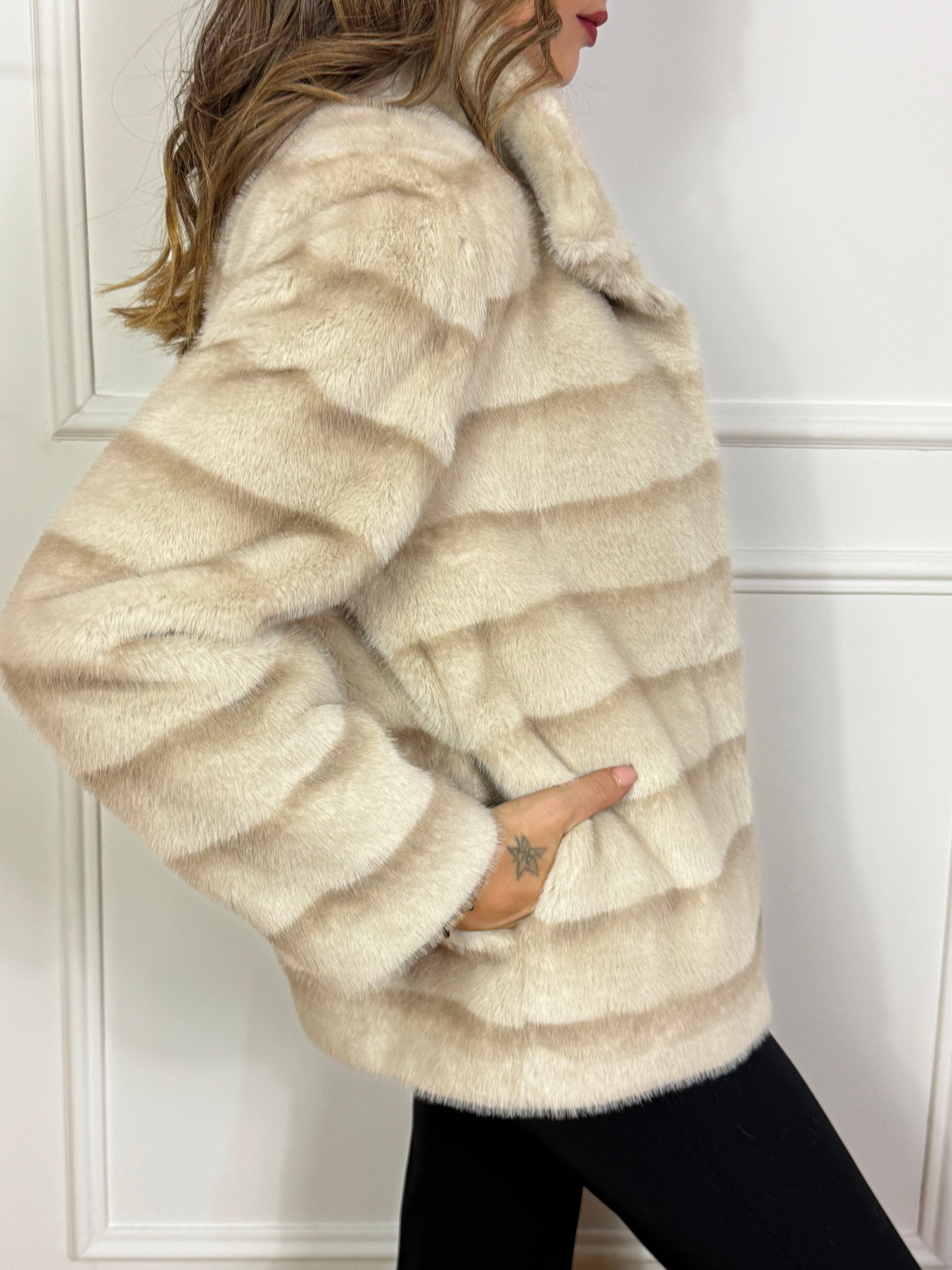 Giacca caban collo alto Ragno REVERSIBILE ECODAINETTO - ECOPELLICCIA STRIATA