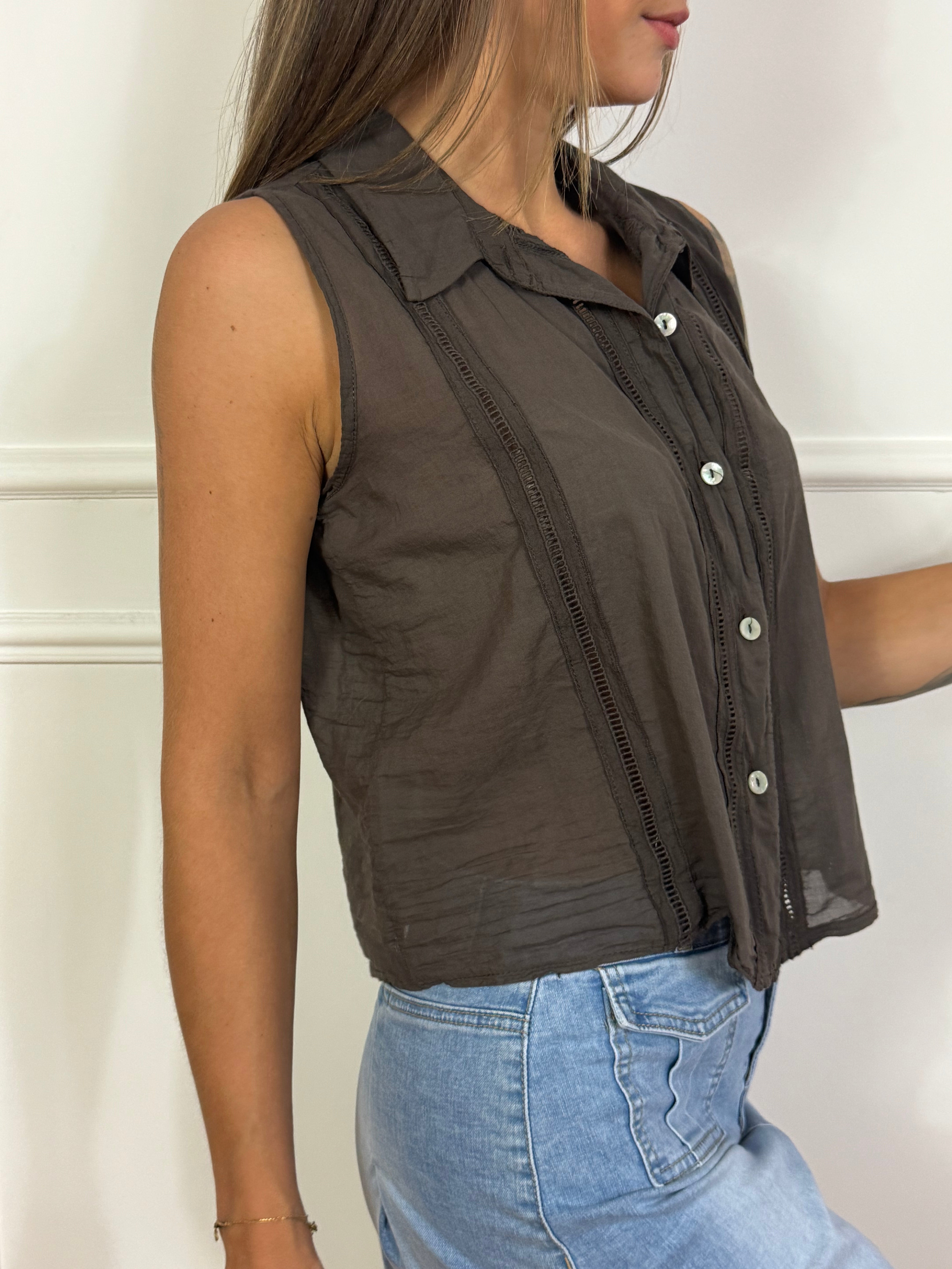 CAMICIA SMANICATA CON COLLETTO Victoria ILMH con ricami traforati verticali