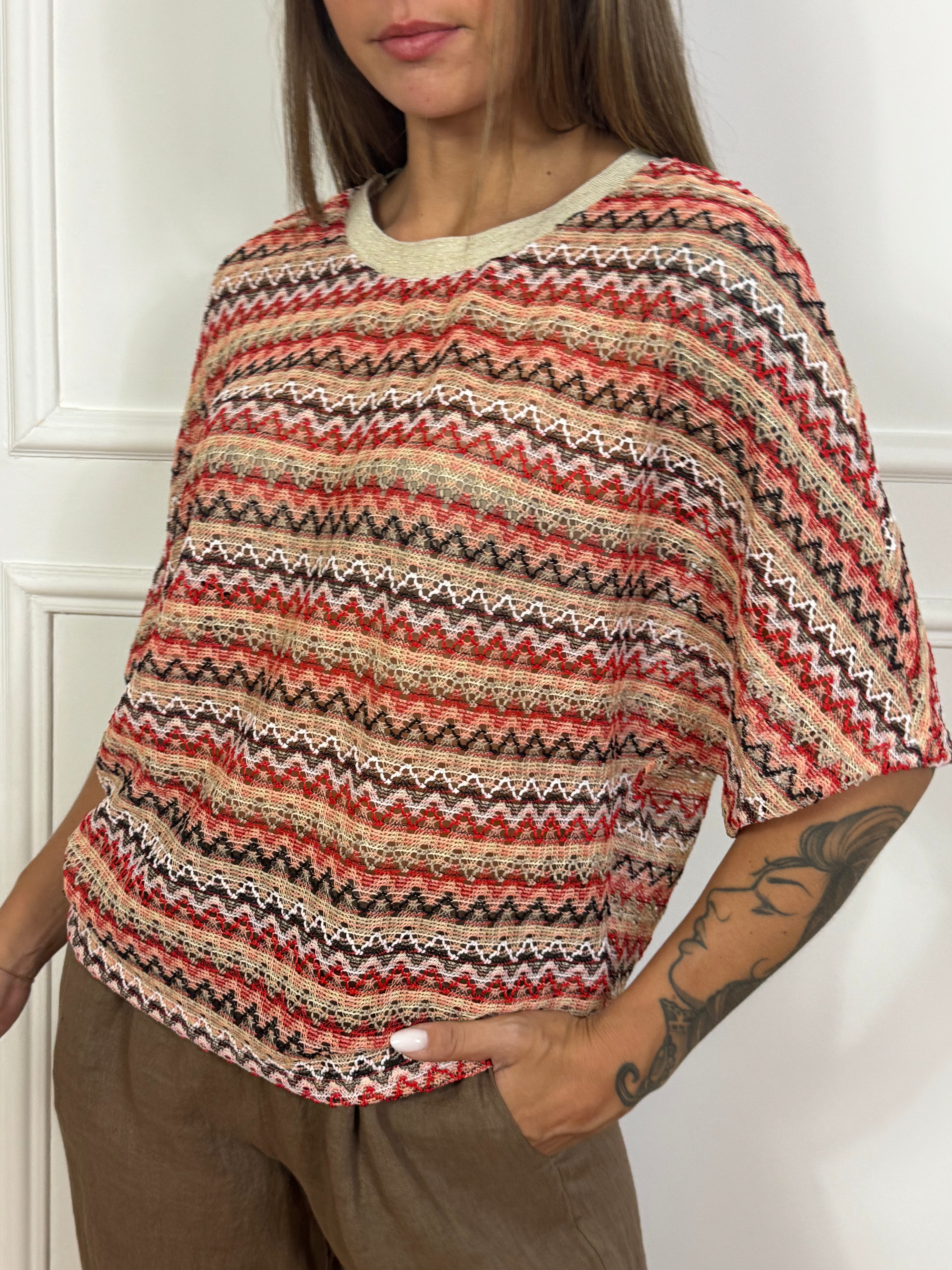 Maglia over Victoria ILMH lavorazione crochet sottile ROSSO-SALMONE-NERO-BEIGE