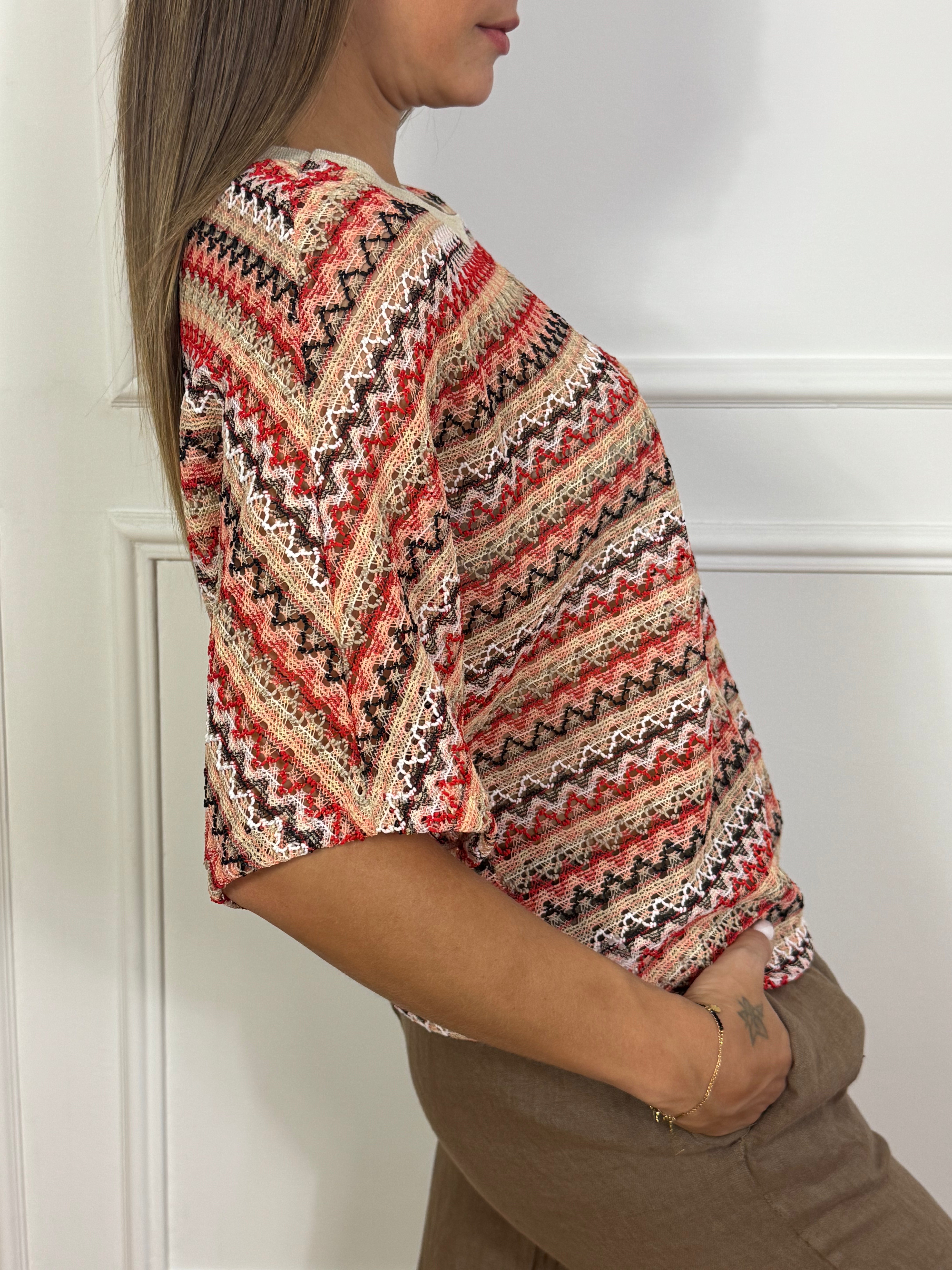 Maglia over Victoria ILMH lavorazione crochet sottile ROSSO-SALMONE-NERO-BEIGE