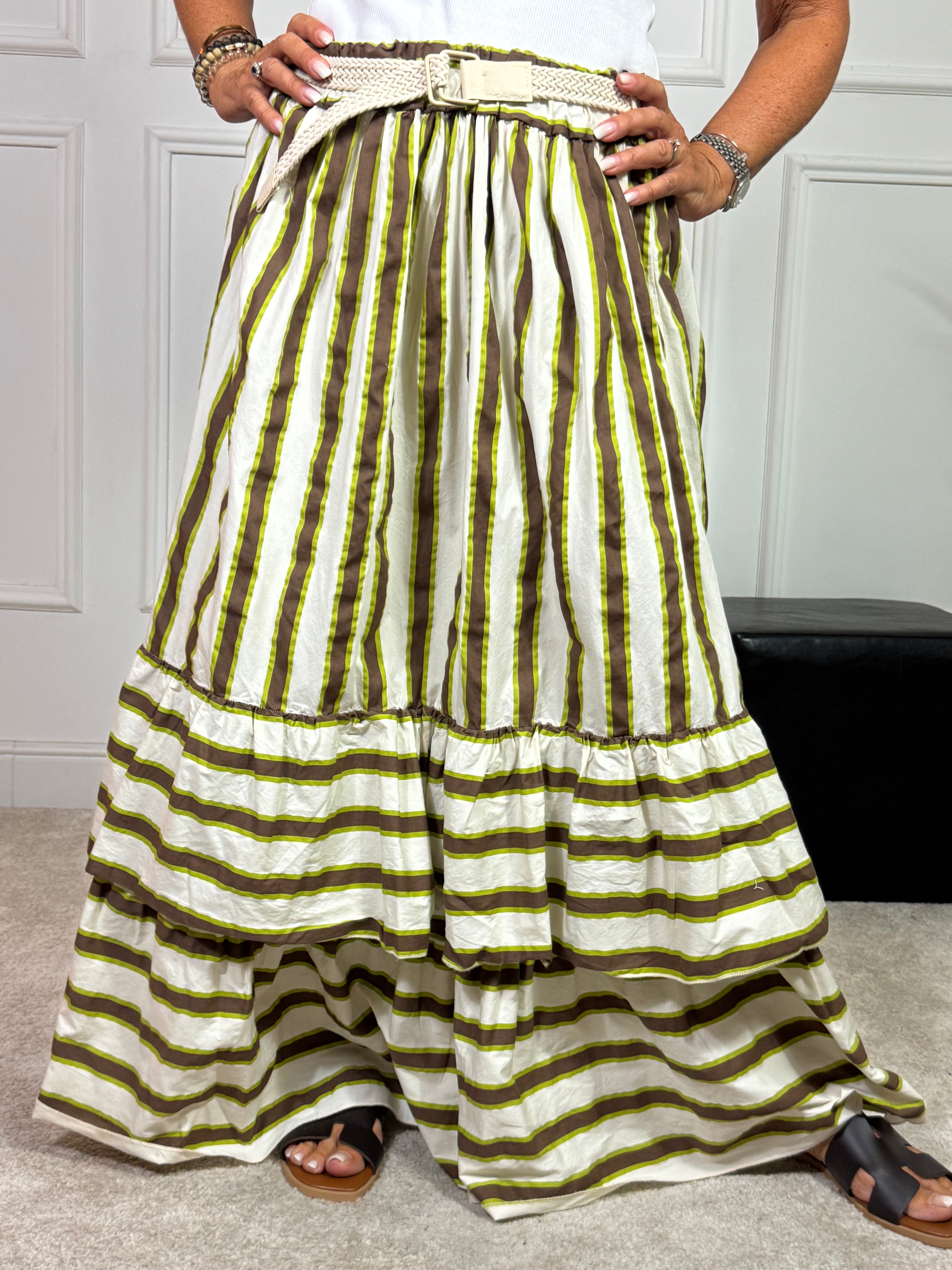 Gonna Victoria ILMH FANTASIA RIGHE LIME BALZE E CINTURA INTRECCIO