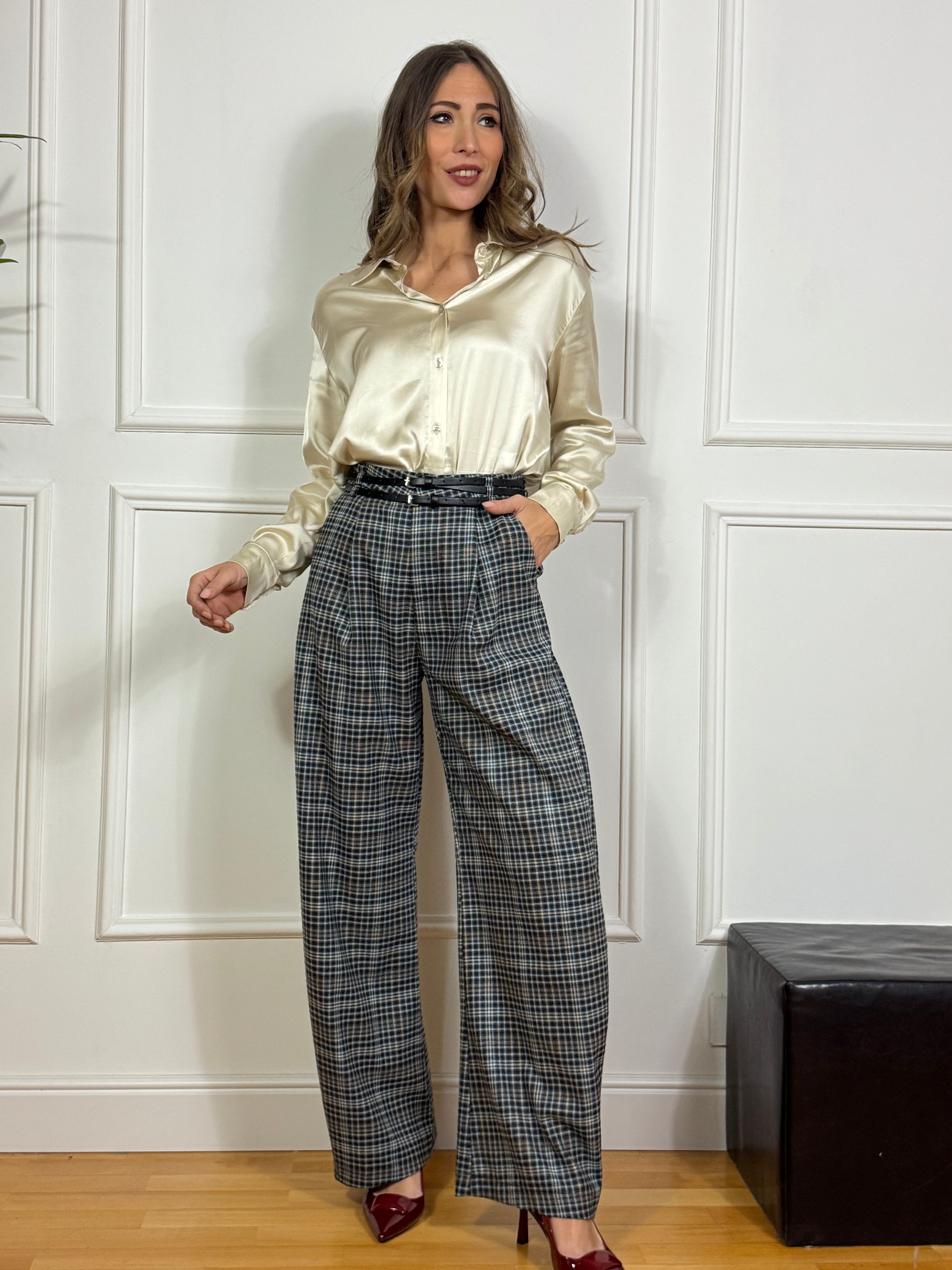 Pantalone ampio carota con pinces Victoria ILMH fantasia scozzese AZZURRO-SABBIA