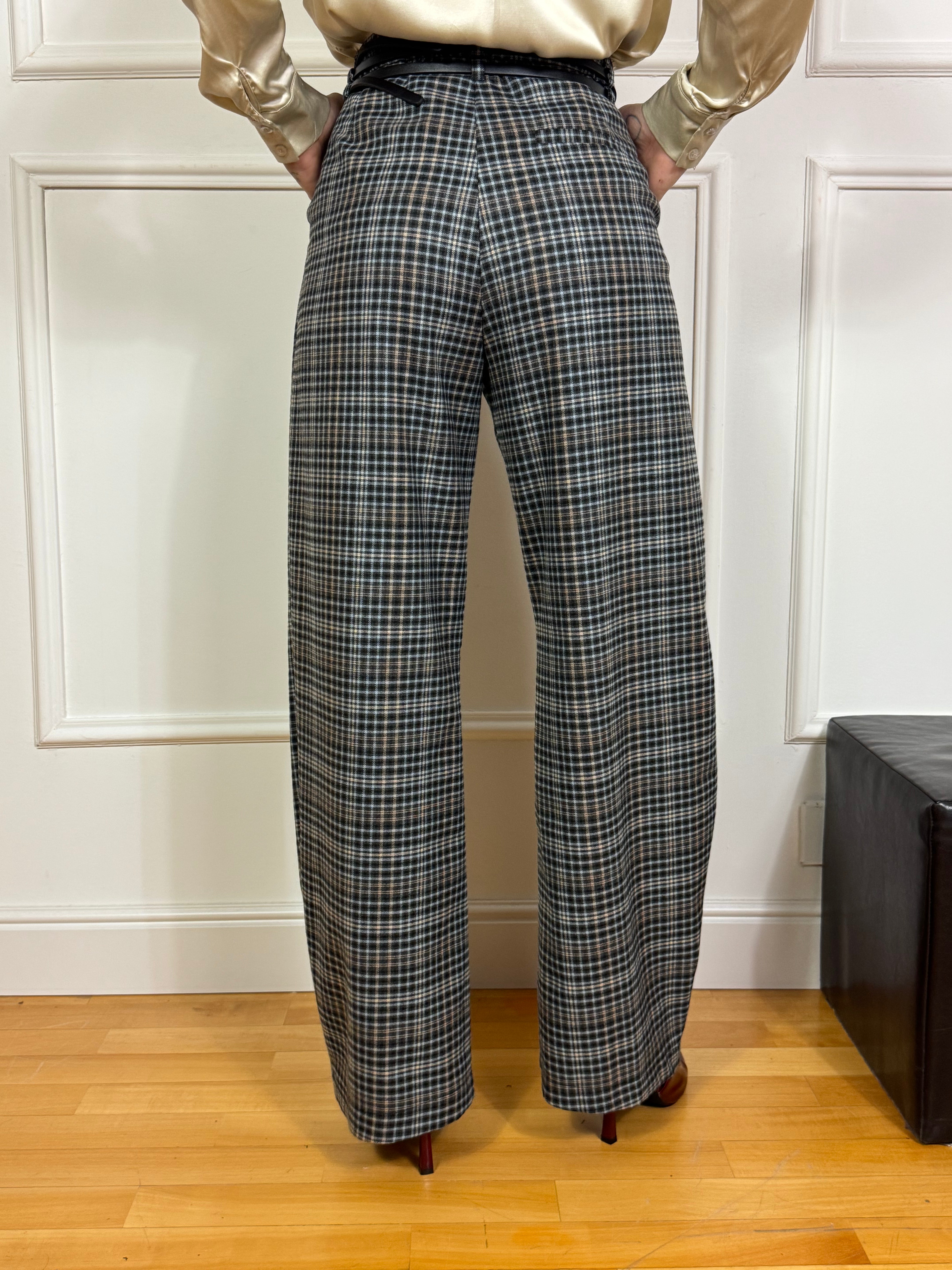 Pantalone ampio carota con pinces Victoria ILMH fantasia scozzese AZZURRO-SABBIA