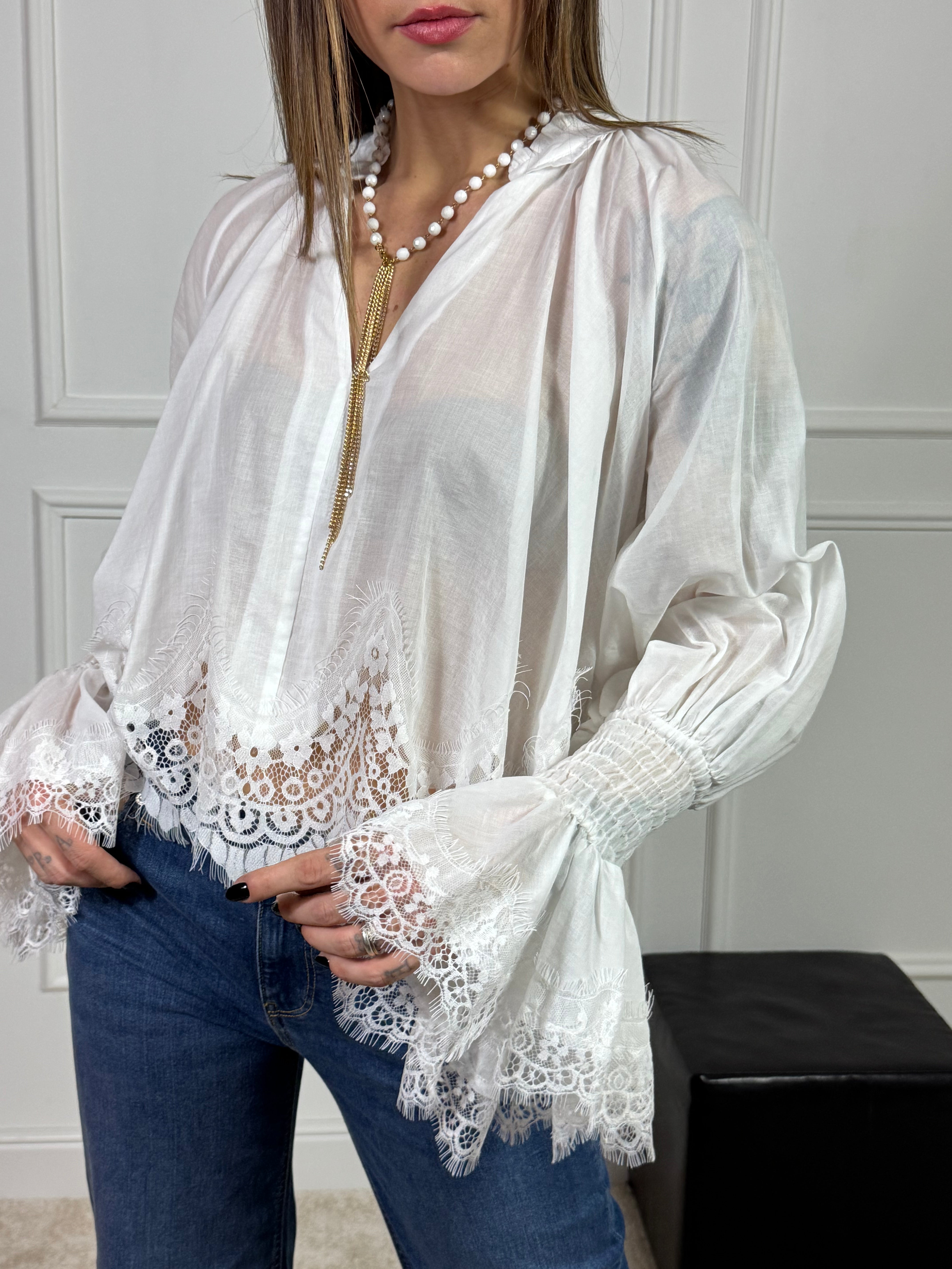 Camicia blusa a scatoletta Tensione In con pizzo e manica importante