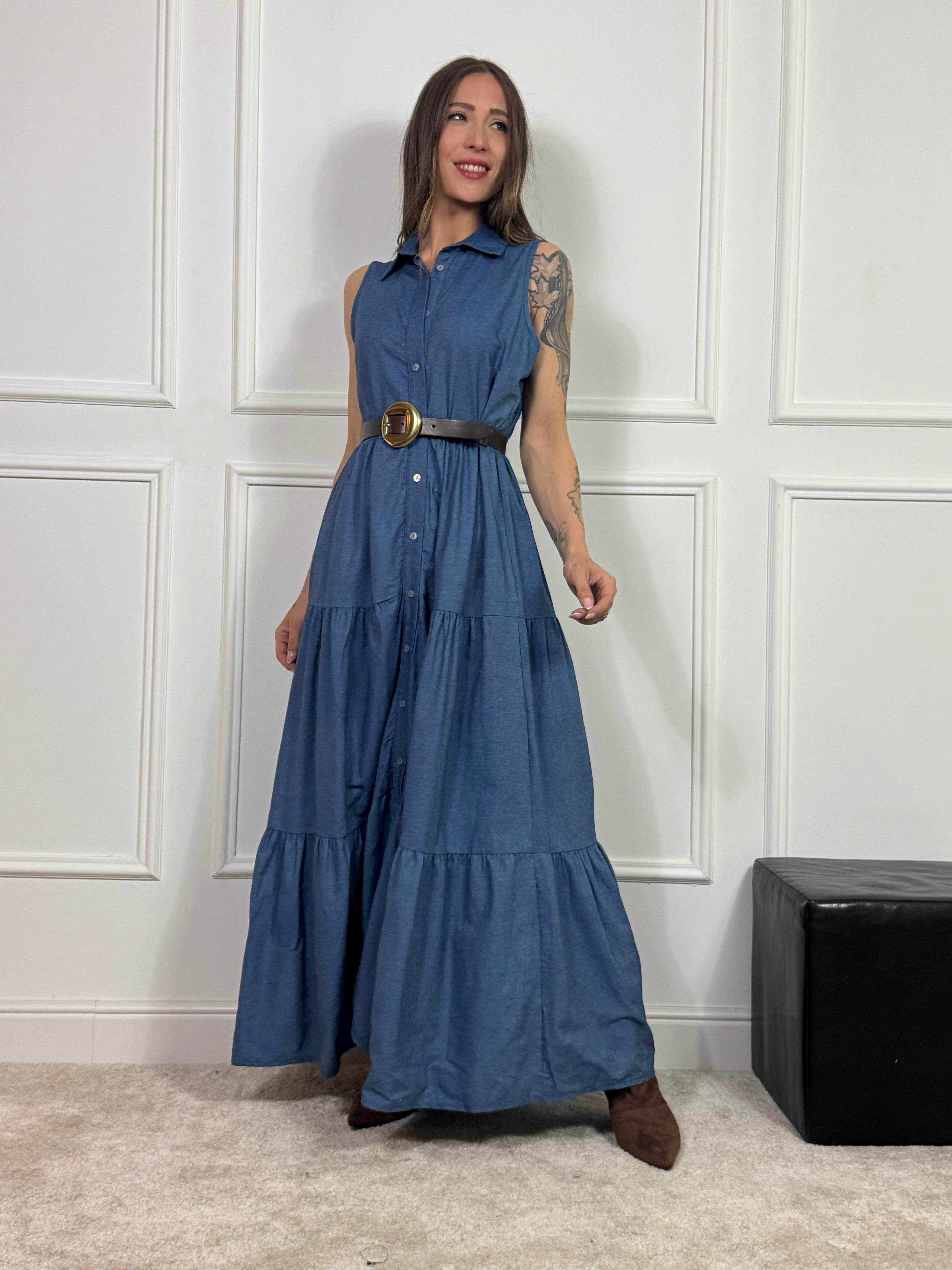 Abito smanicato lungo chemisier Victoria ILMH CHAMBRAY CON BALZE