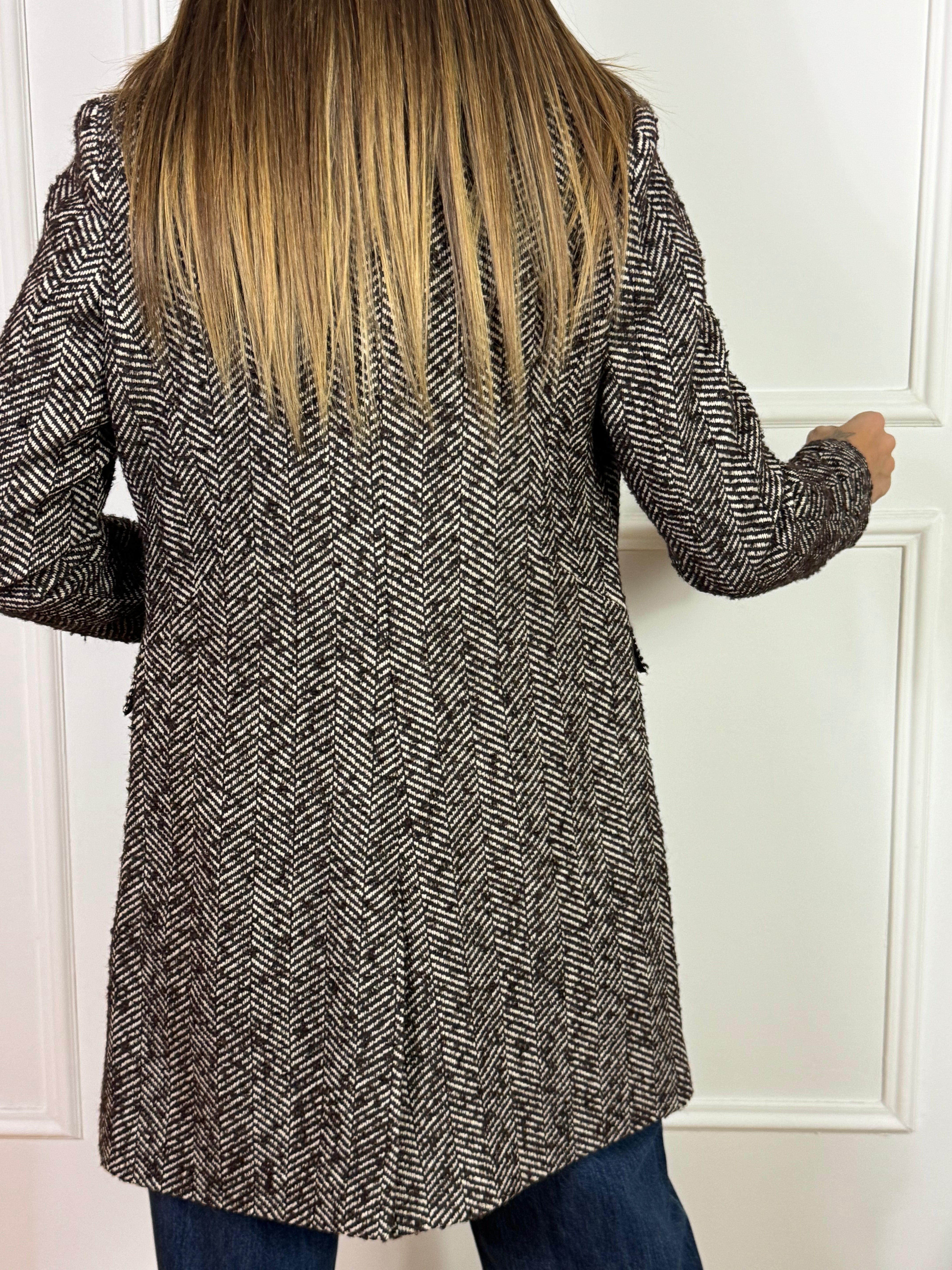 Cappotto baronetto Susy Mix fantasia spinata con collo in ecopelliccia