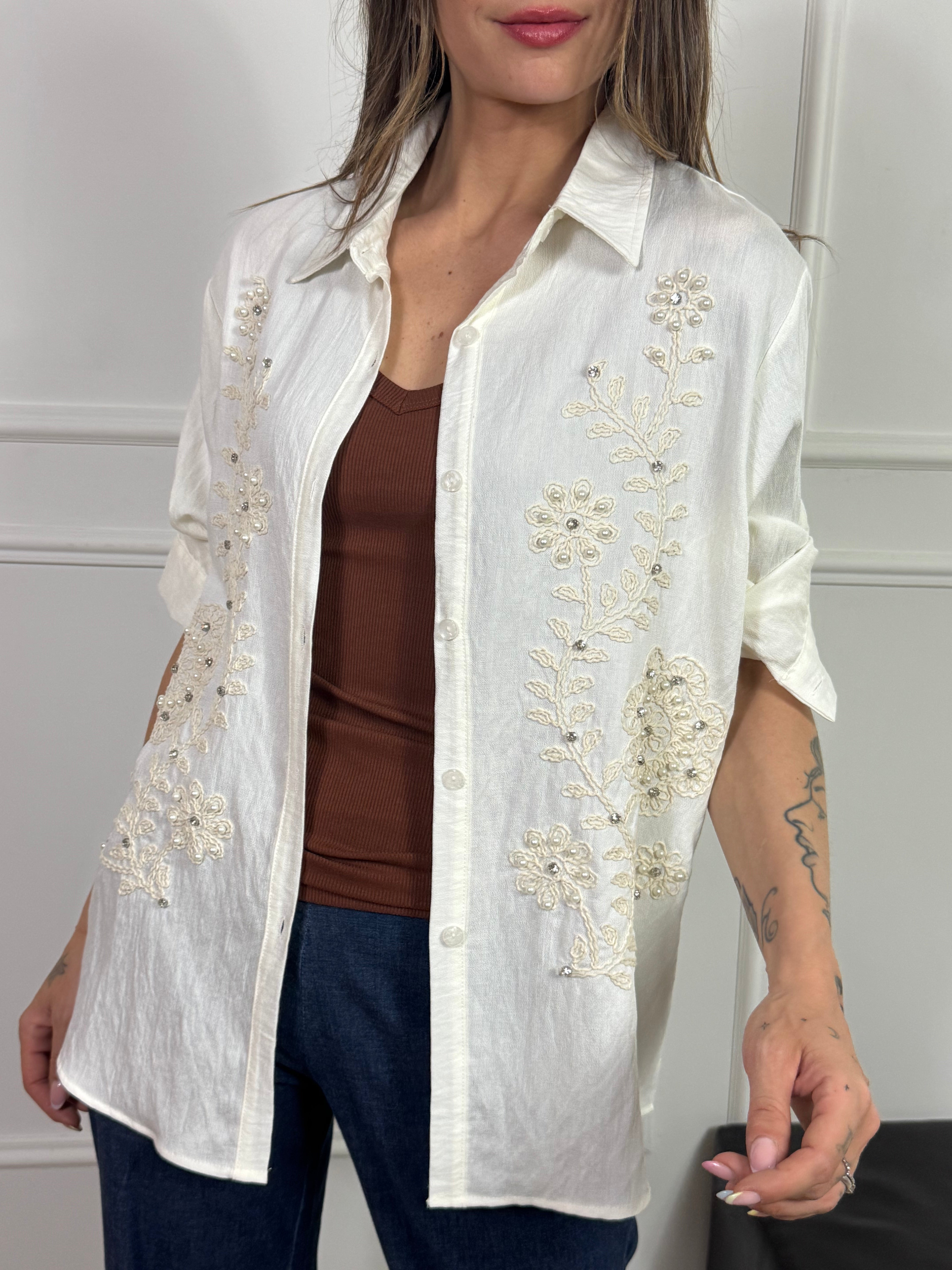 Camicia manica lunga Victoria ILMH - RICAMI FIORI CON PERLE E ZIRCONI