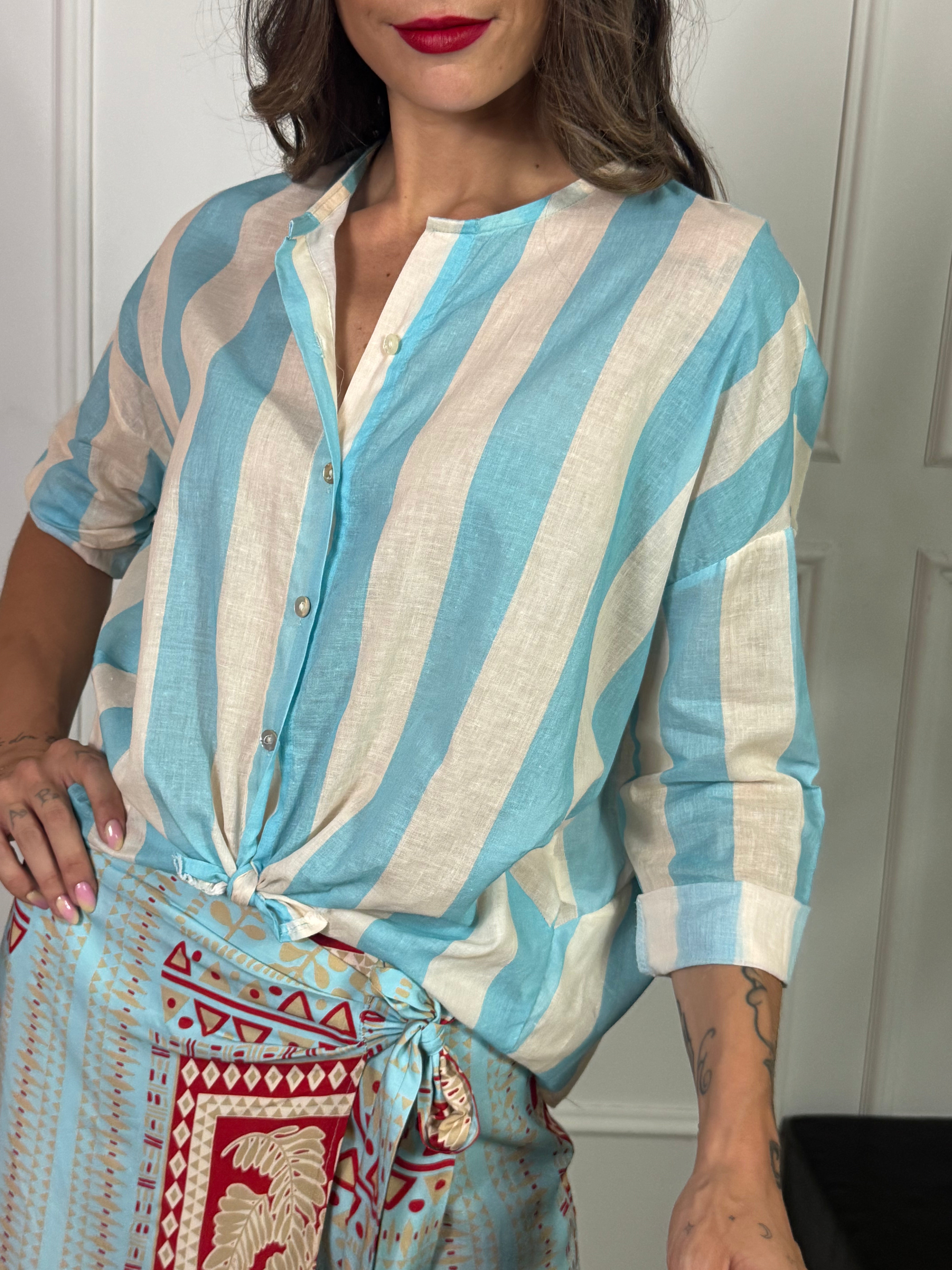 Camicia Kikisix in mussola di cotone collo coreana RIGHE GROSSE