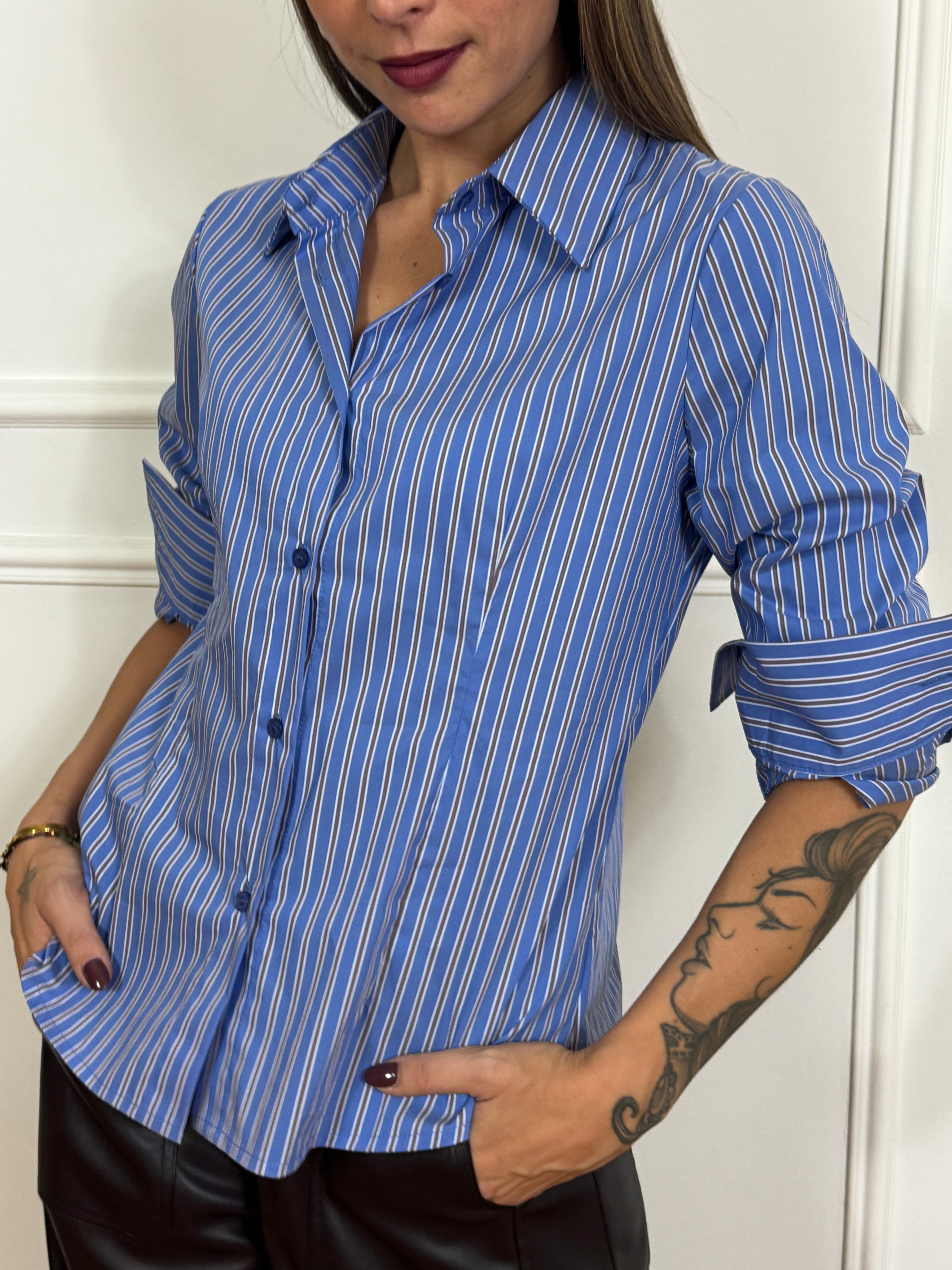 Camicia in cotone Susy Mix AZZURRO OXFORD CON RIGHE CAMMELLO