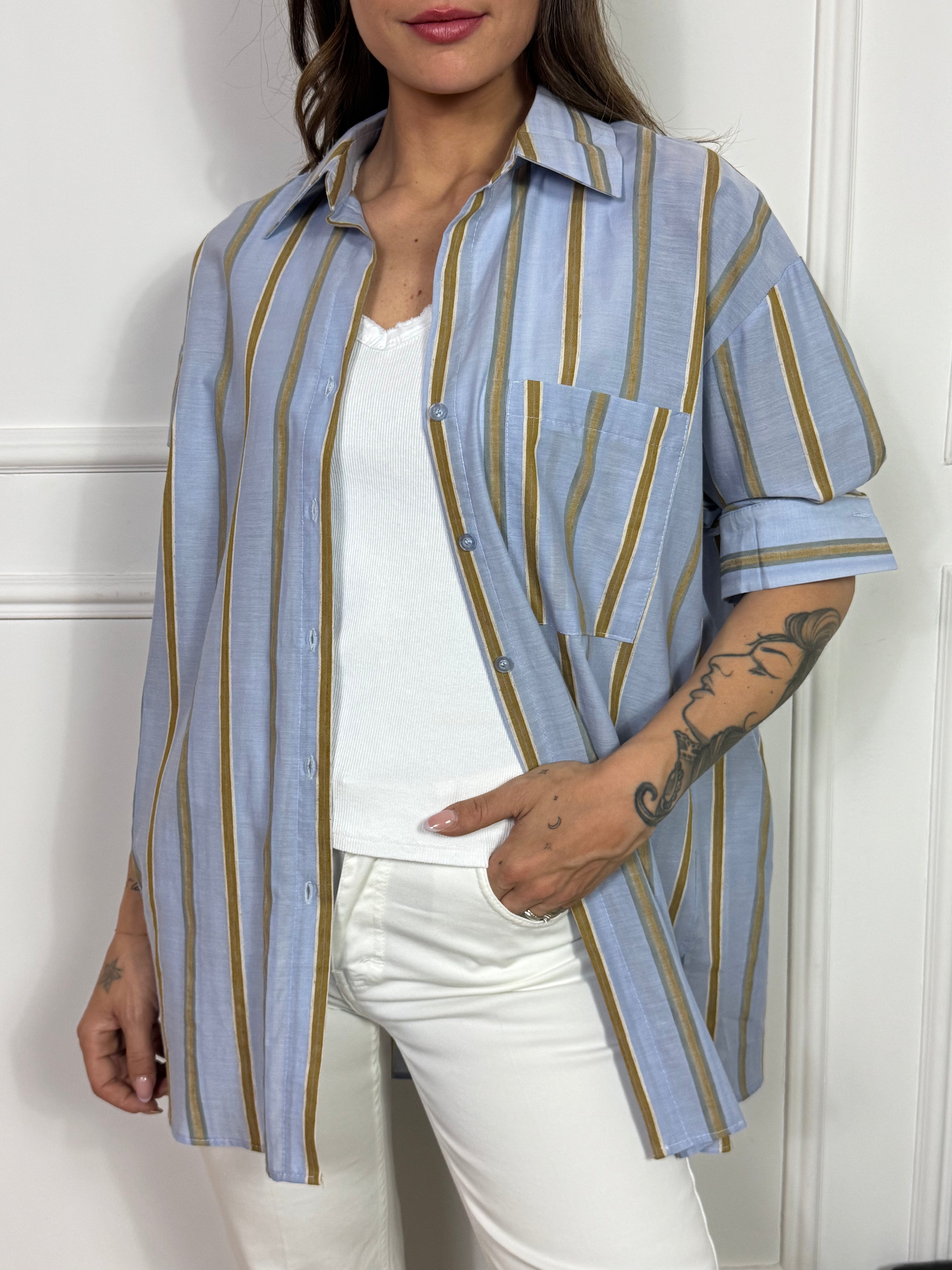 Camicia over cotone e lino Susy Mix righe e taschino