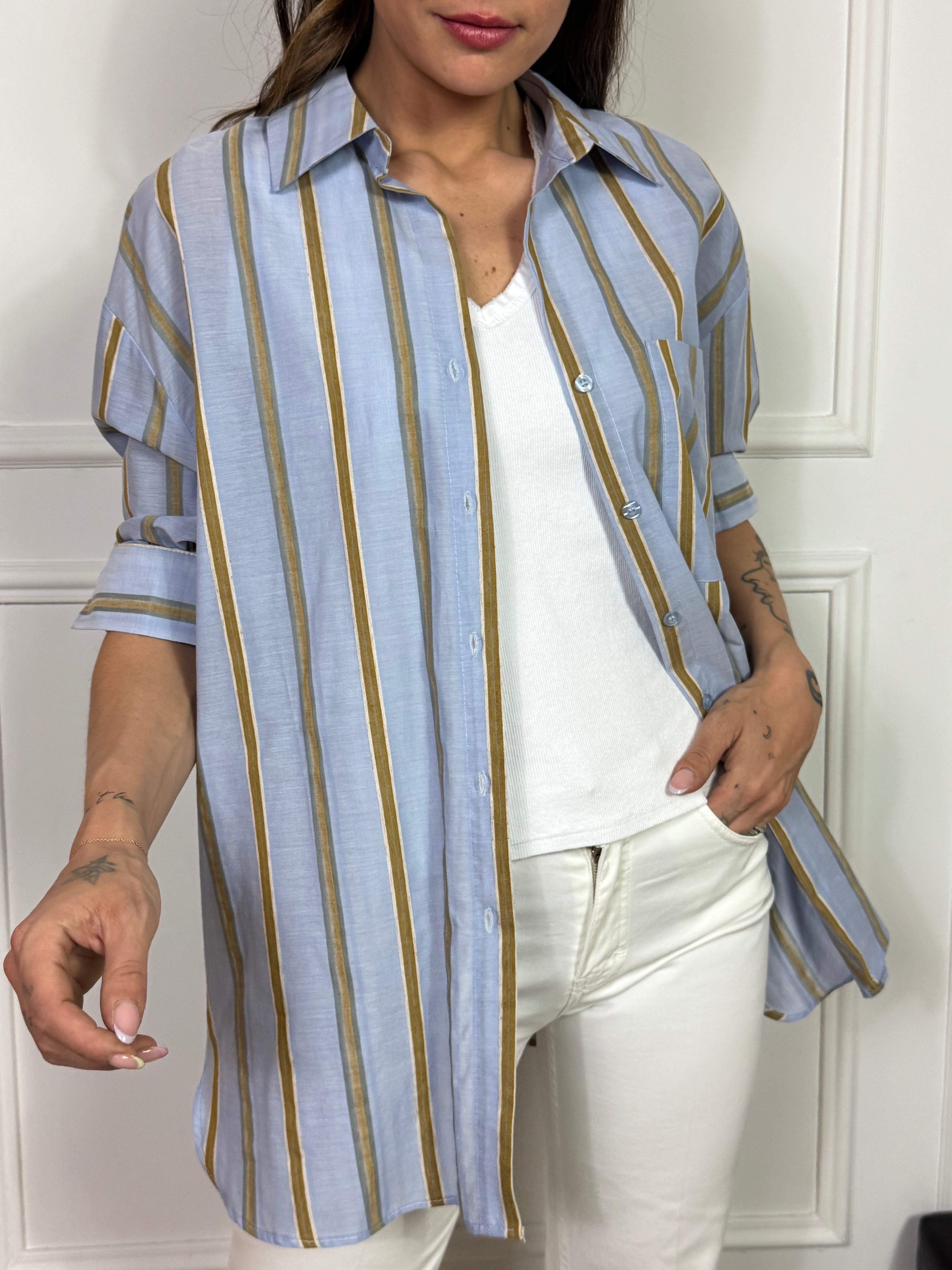 Camicia over cotone e lino Susy Mix righe e taschino
