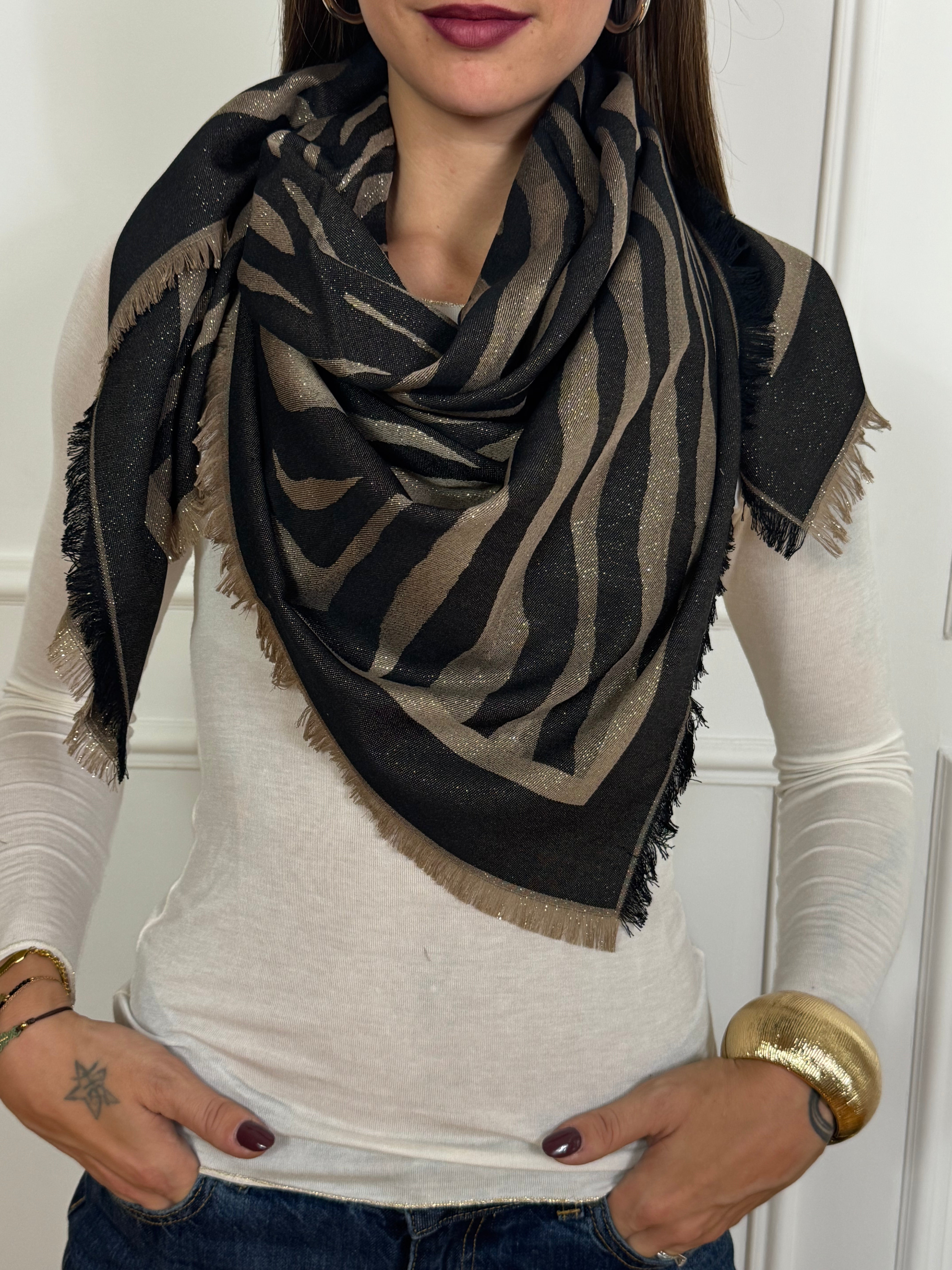 Foulard QUADRATONE Susy Mix LUREX fantasia ZEBRATO NERO - SABBIA