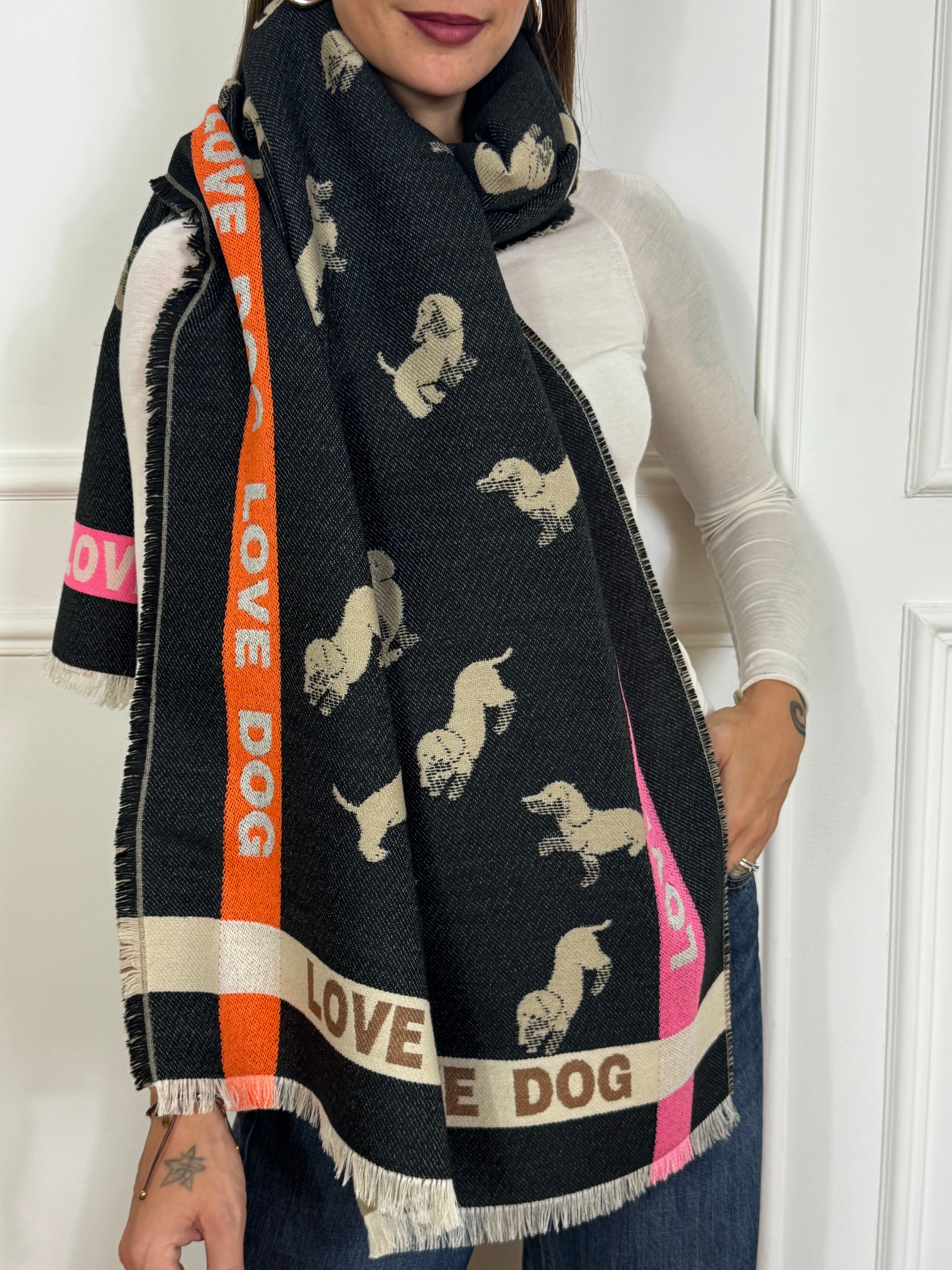 Maxi Sciarpa Susy Mix BICOLORE CANI CON SCRITTE FLUO
