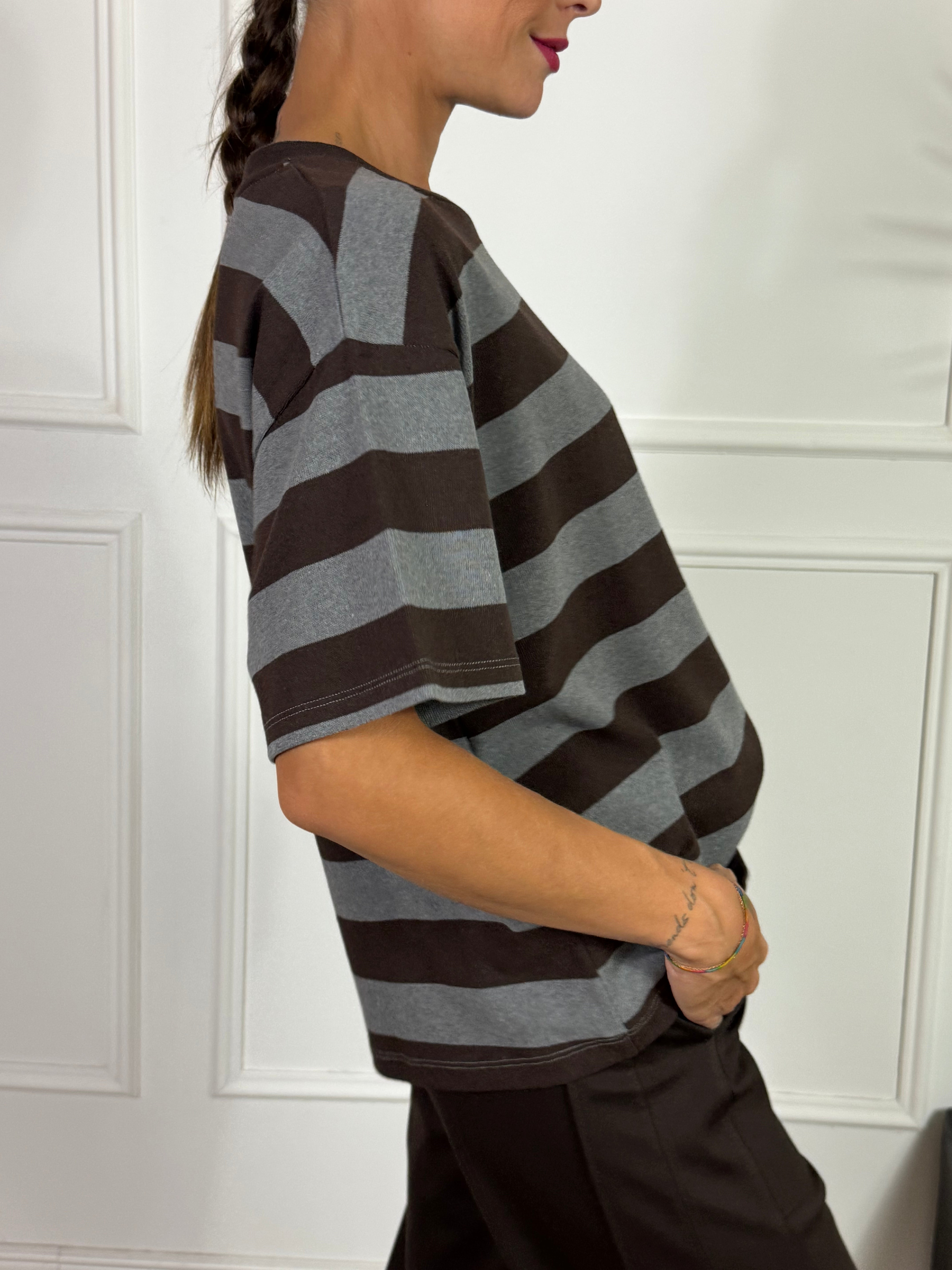 Maglia garzata manica corta Susy Mix RIGHE TASCHINO PAILLETTES